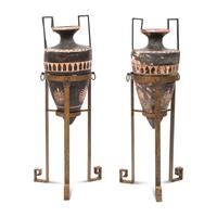 A Pair of Etruscan Style Painted Plaster Amphora on Stands