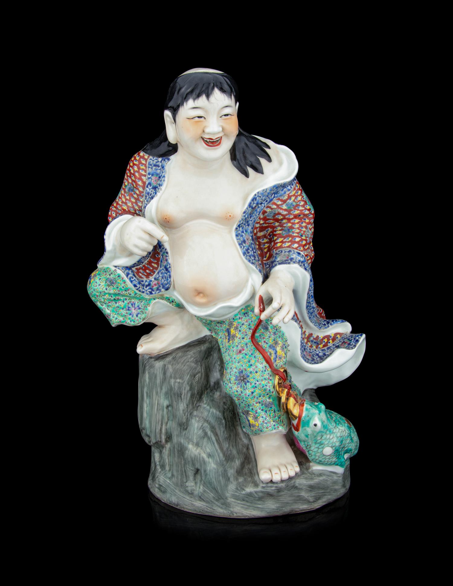 A Large Famille Rose Porcelain Figure of Liu Hai and a Toad