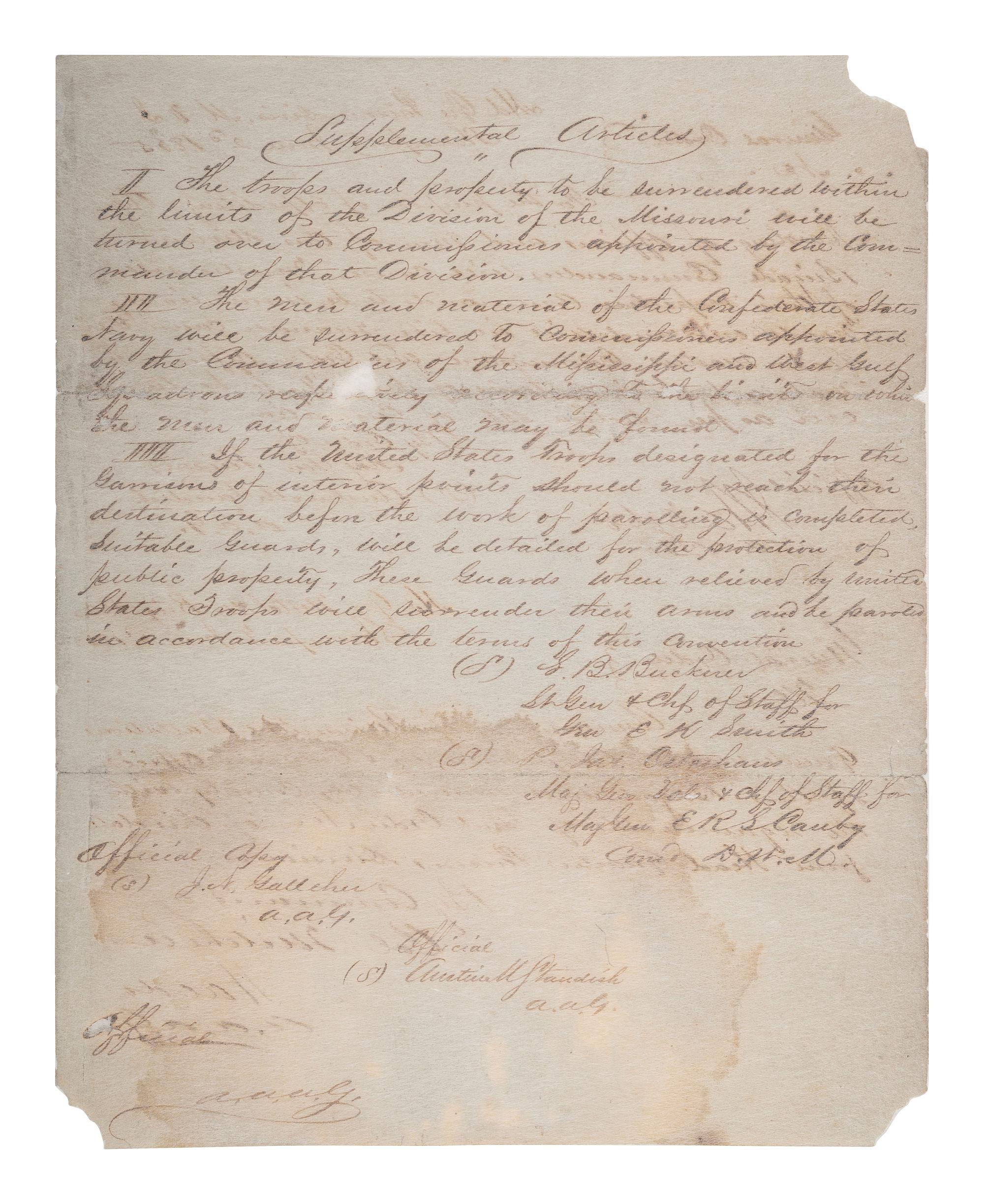 [CIVIL WAR]. CANBY, Major Gen. E.R.S. (1817-1873). Terms of Military Convention entered into this 26th day of May 1865 at New Orleans.... " Official Copy." New Orleans, LA. 26 May 1865.