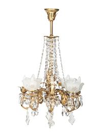 A Gilt Metal Eight Light Chandelier with Etched Glass Shades