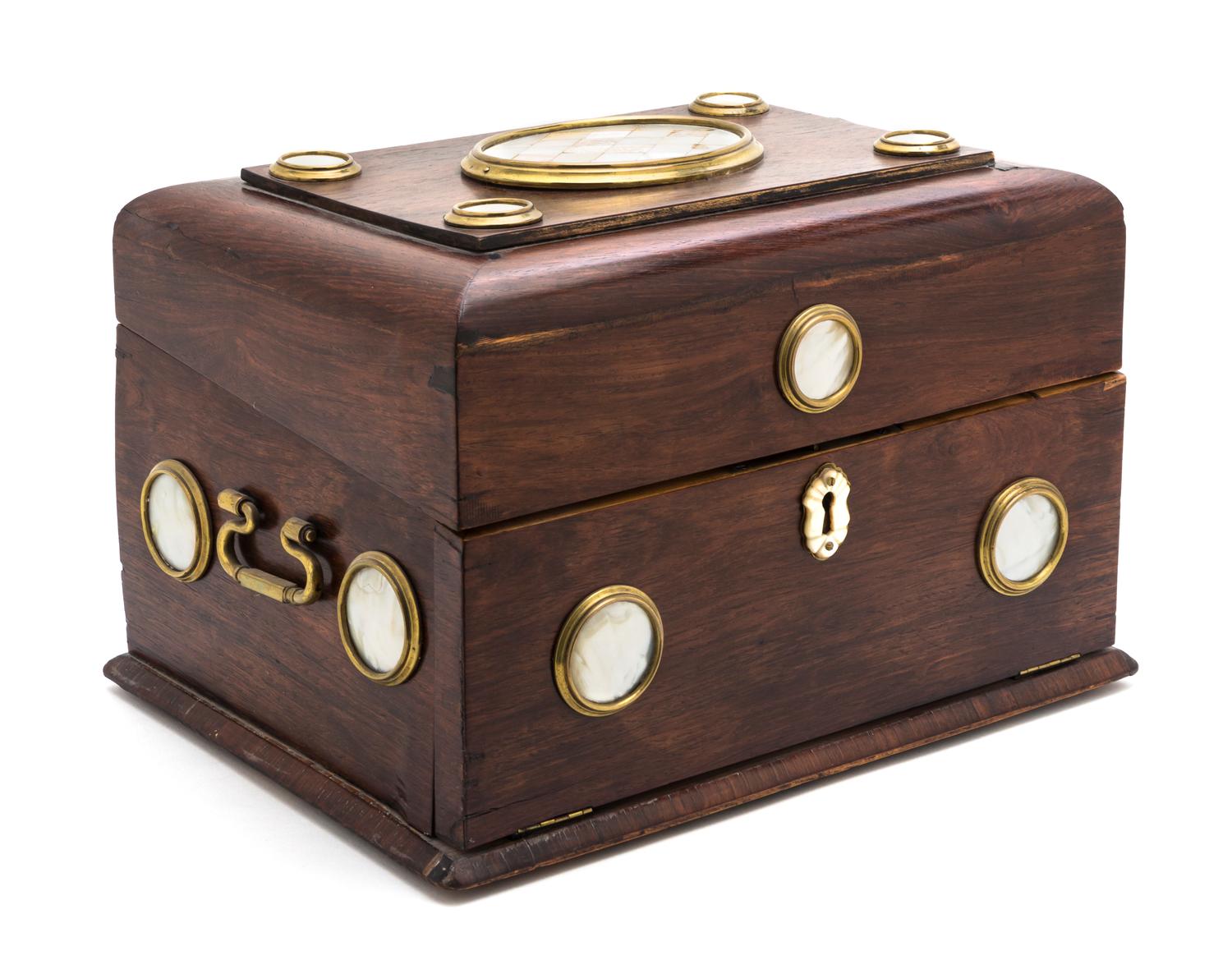 A Mother-of-Pearl Inset Mahogany Table Casket, Width 15 1/4 inches.