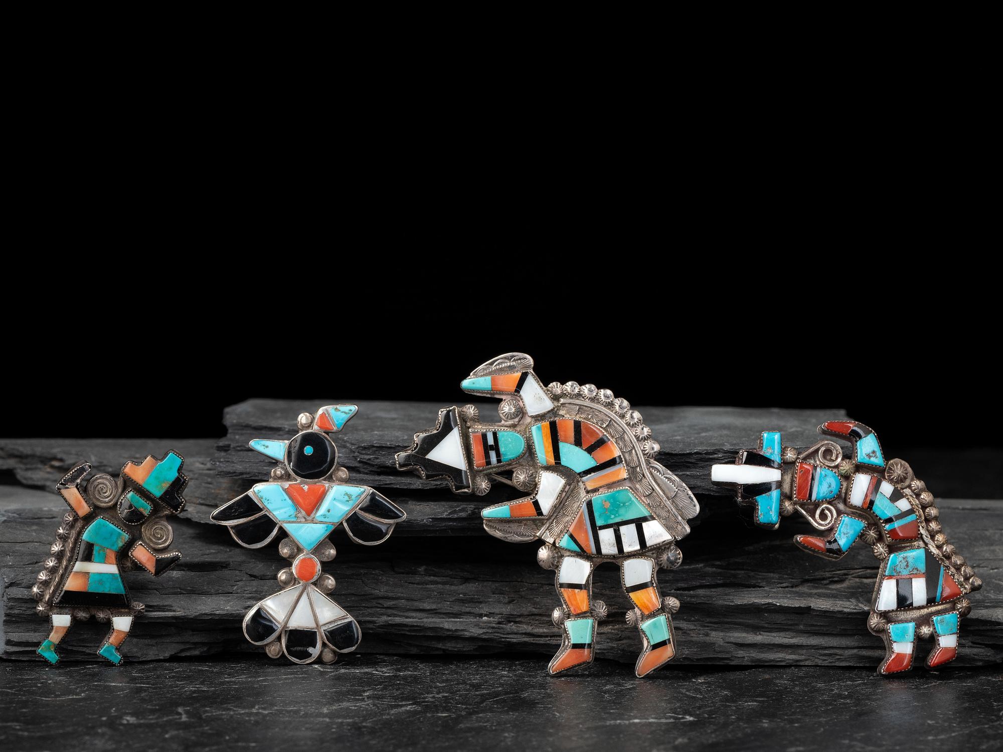 Zuni Silver and Mosaic Inlay Rainbow Man and Thunderbird Pins / Pendants
