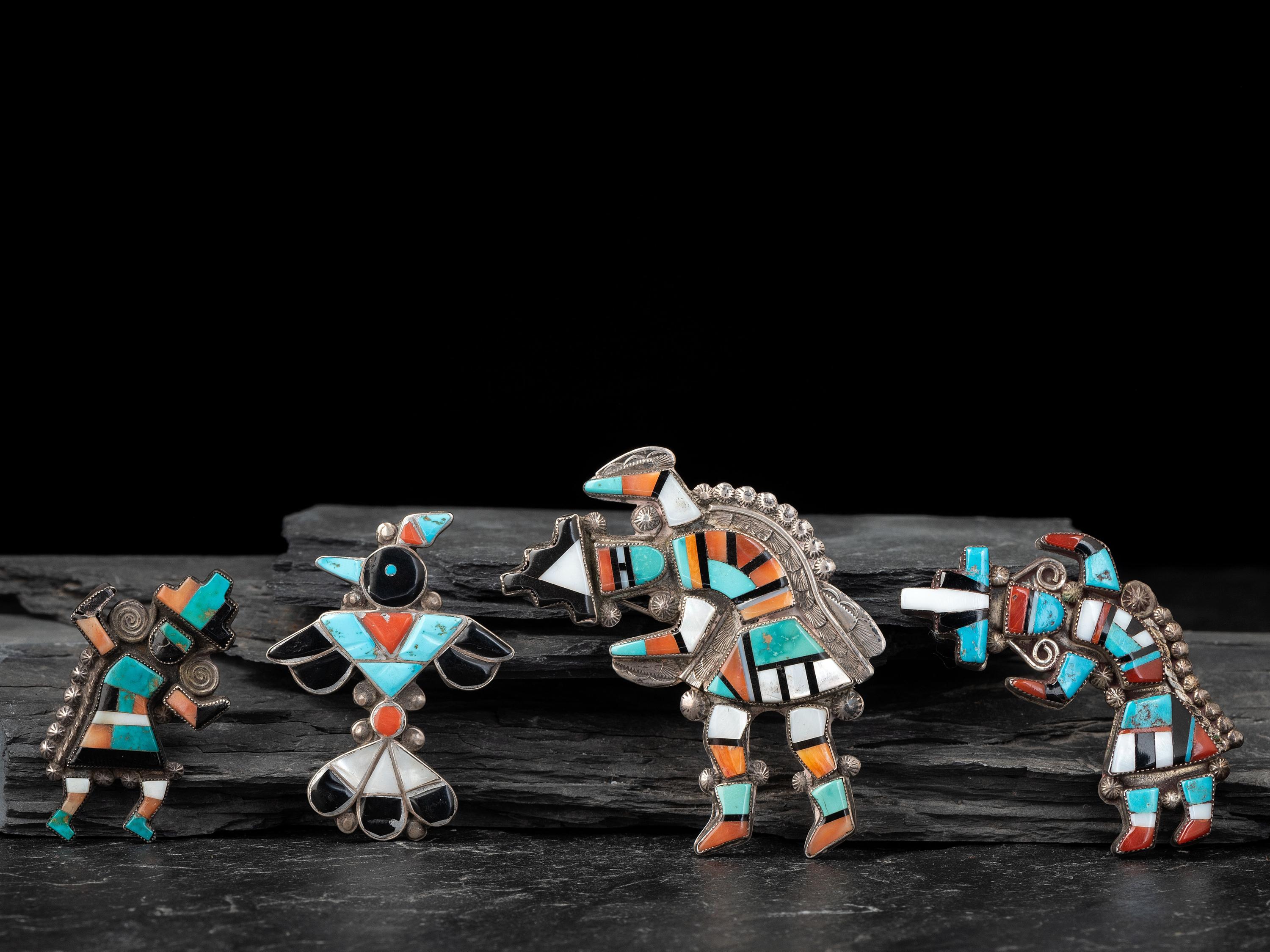 Zuni Silver and Mosaic Inlay Rainbow Man and Thunderbird Pins / Pendants