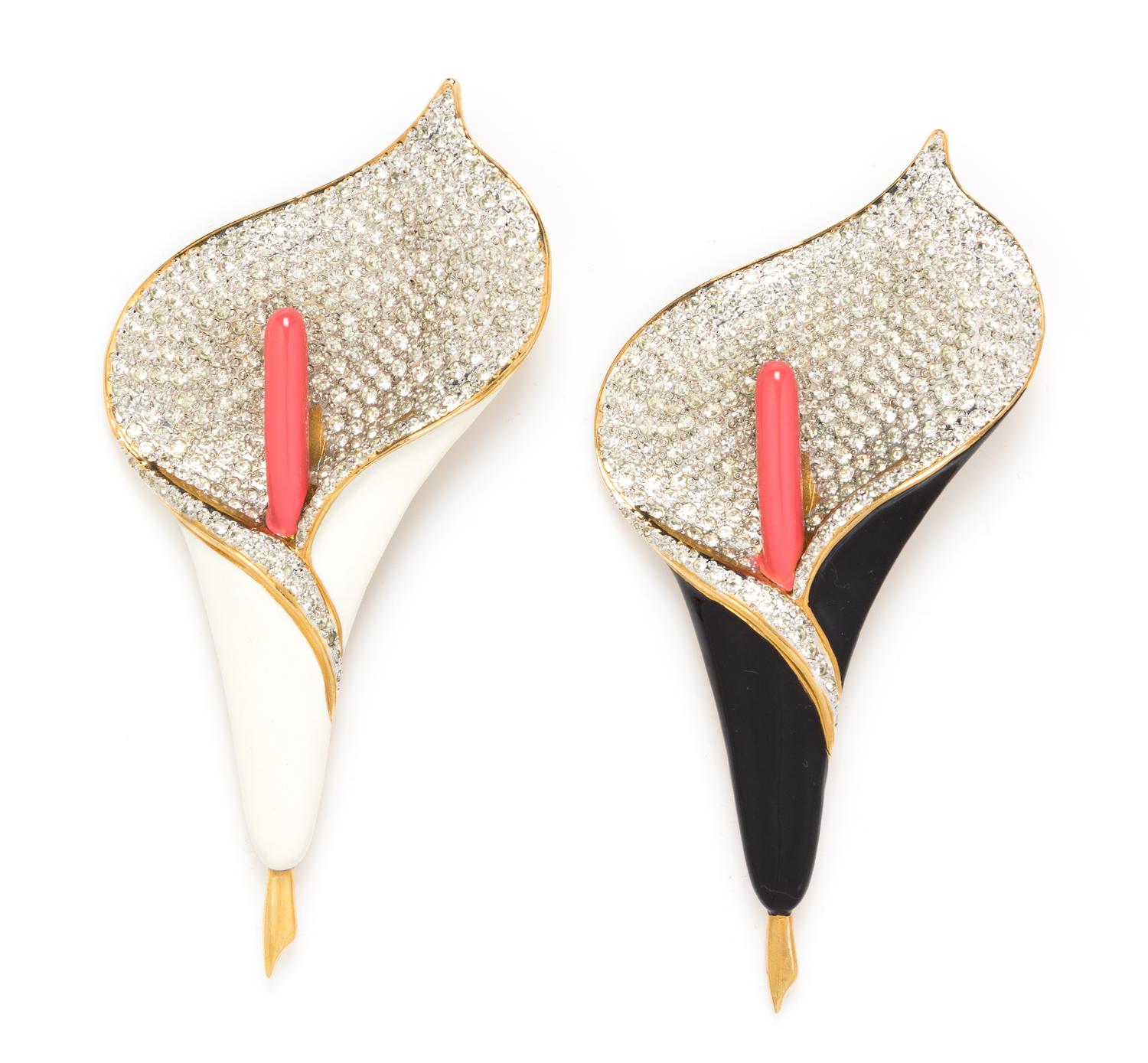 A Pair of Valentino Calla Lily Rhinestone Brooches, 5.5" x 2.5".
