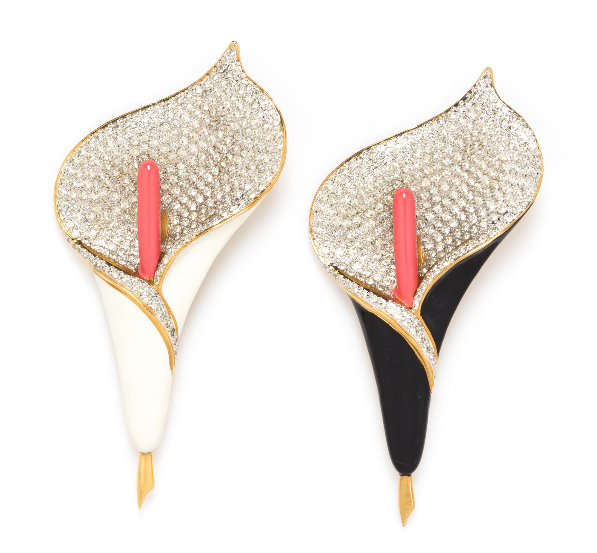 A Pair of Valentino Calla Lily Rhinestone Brooches, 5.5" x 2.5".