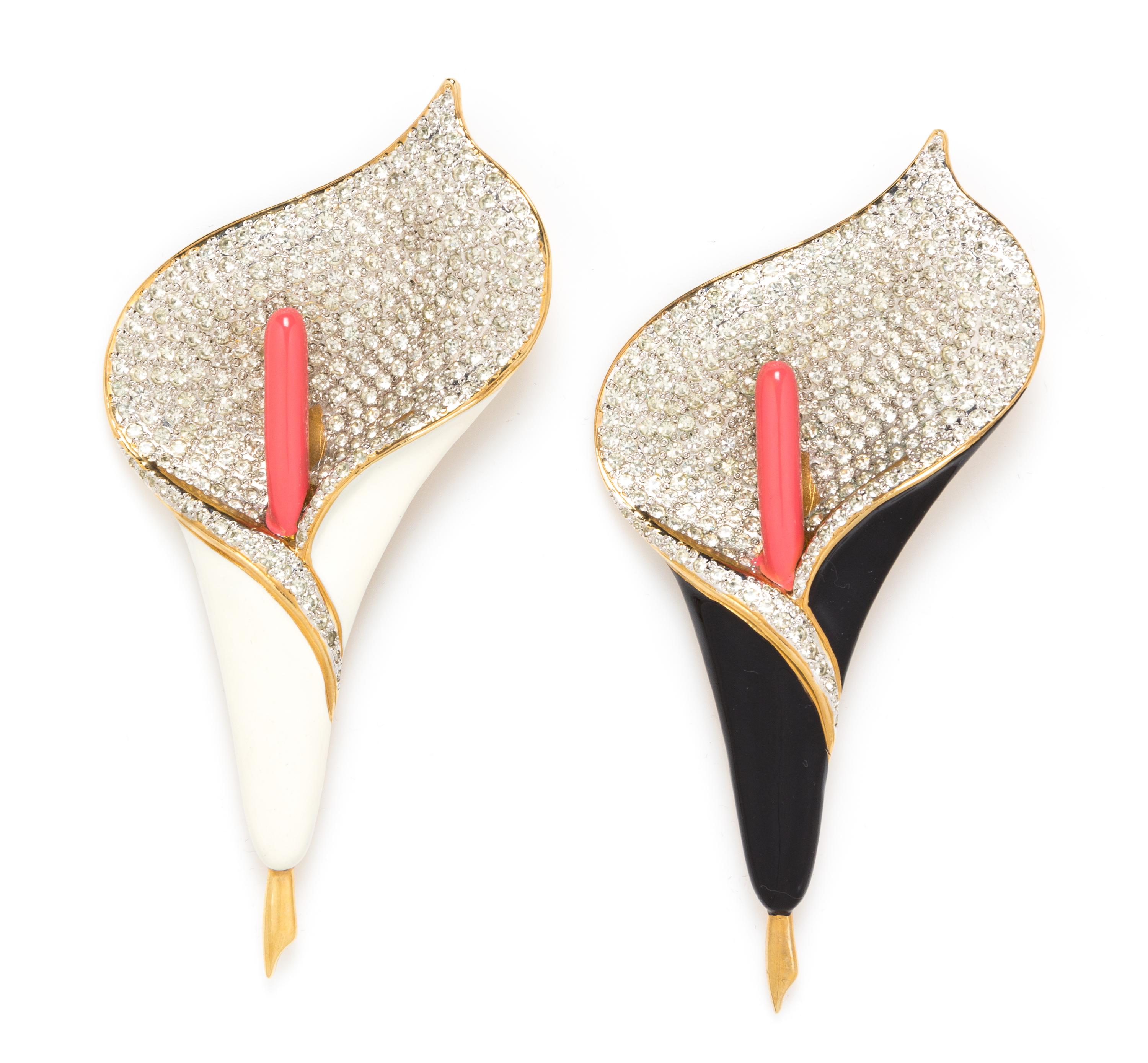A Pair of Valentino Calla Lily Rhinestone Brooches, 5.5" x 2.5".
