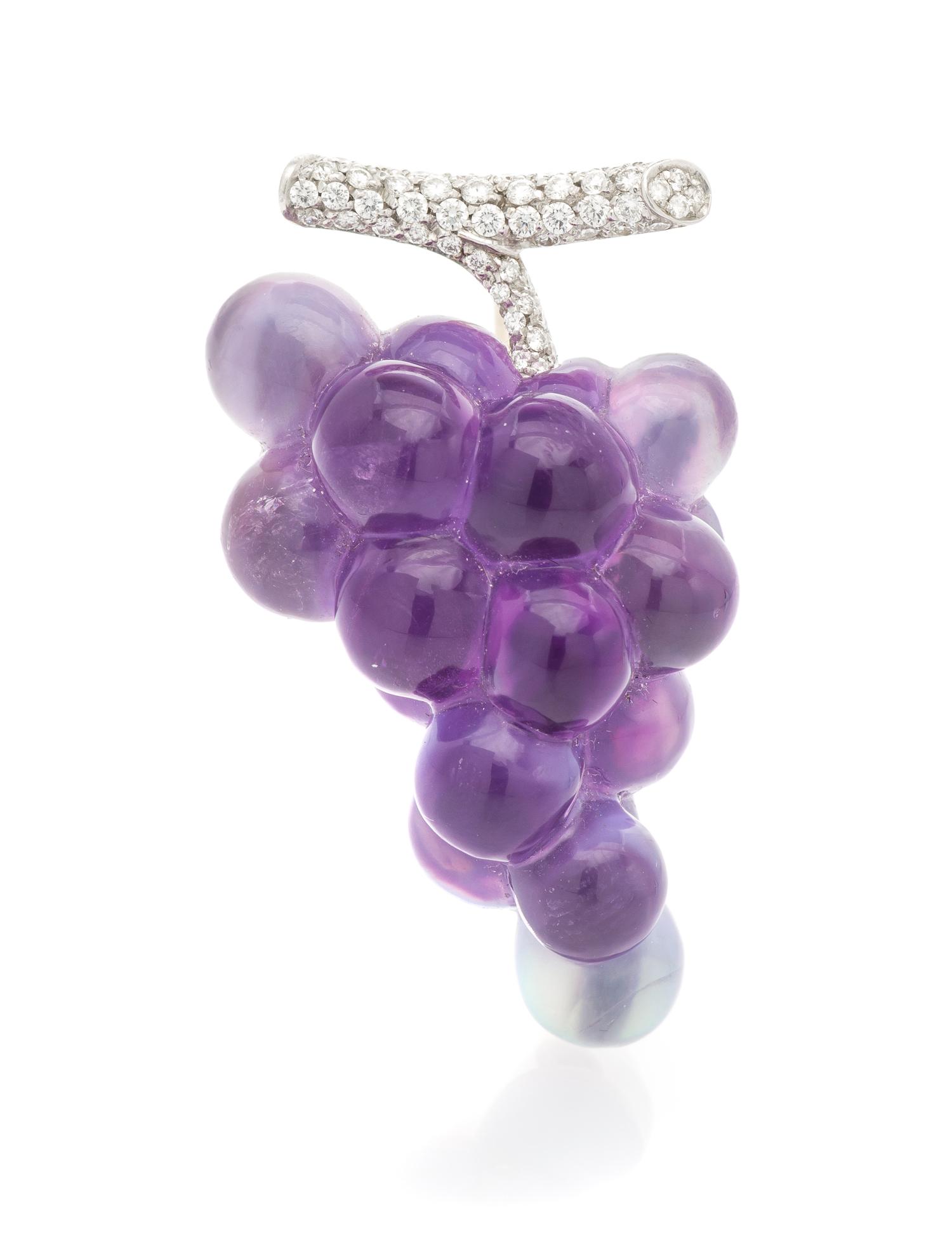 An 18 Karat Gold, Amethyst, Mother-of-Pearl and Diamond Brooch, Vhernier, 10.10 dwts.