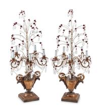A Pair of Italian Carved and Rock Crystal Mounted Five-Light Candelabra
