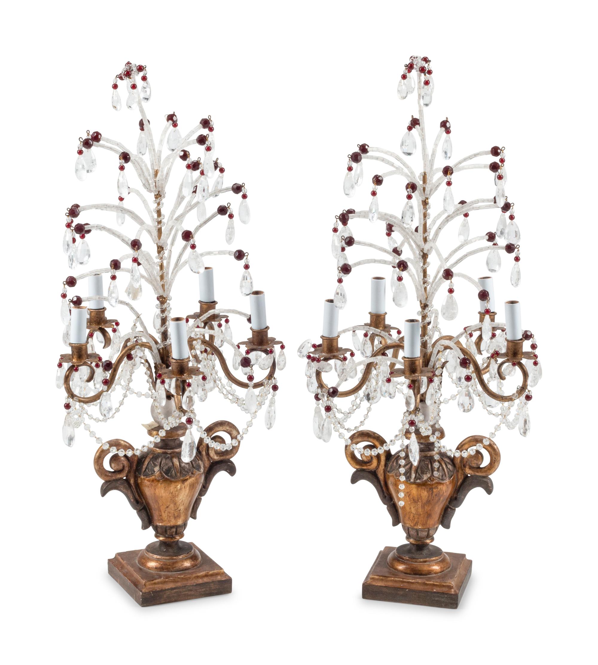 A Pair of Italian Carved and Rock Crystal Mounted Five-Light Candelabra