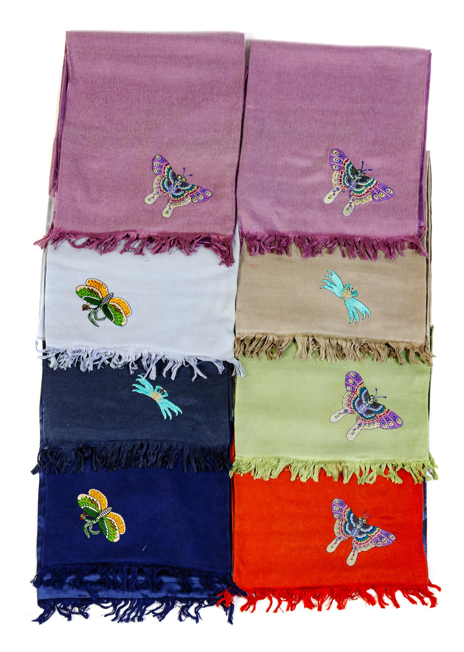 A Collection of Korean Silk Scarves Width of largest 33 inches.