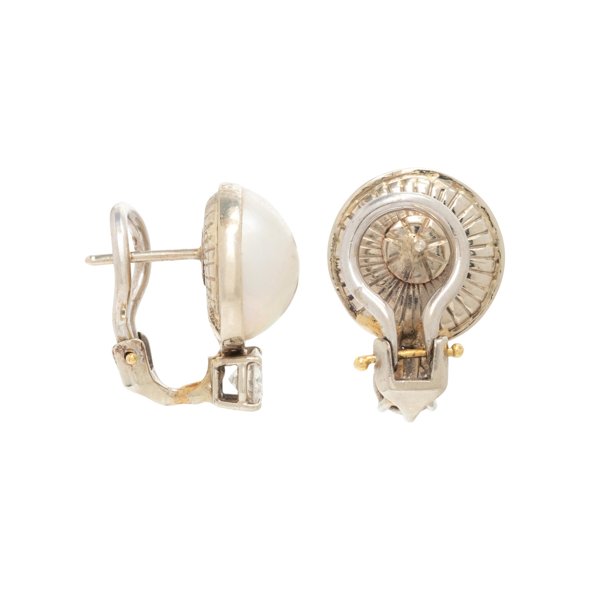 CULTURED MABE PEARL AND DIAMOND EARCLIPS