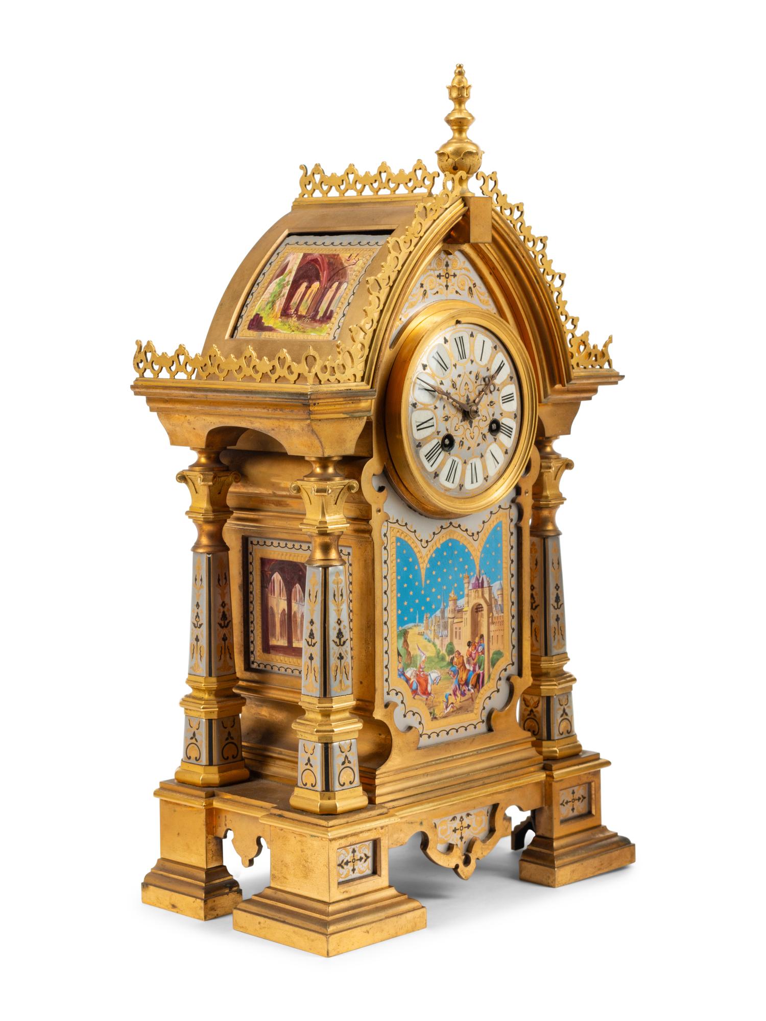 A French Gilt Bronze and Painted Porcelain Clock Garniture
