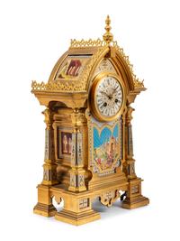 A French Gilt Bronze and Painted Porcelain Clock Garniture