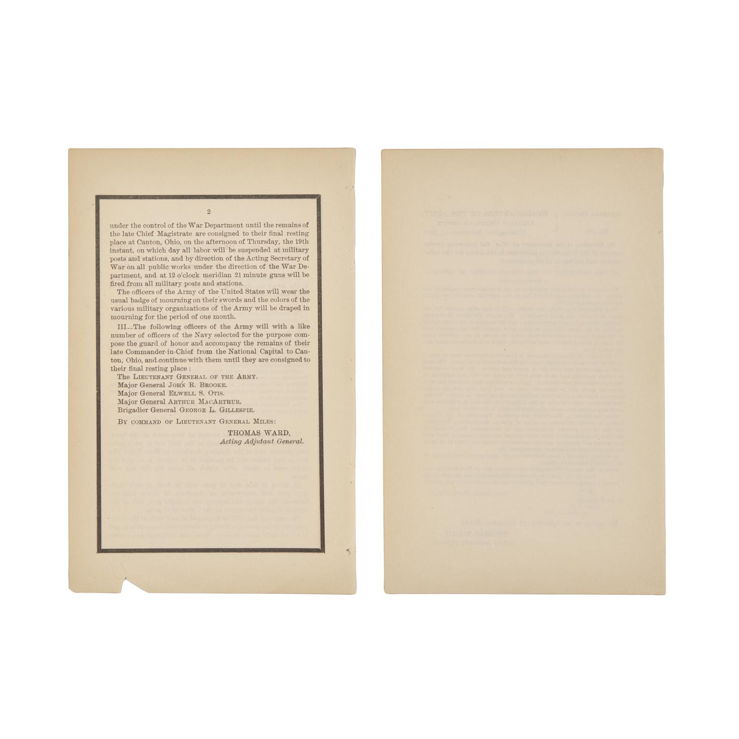 [McKinley, William] Pair of General Orders on the Death of President William McKinley