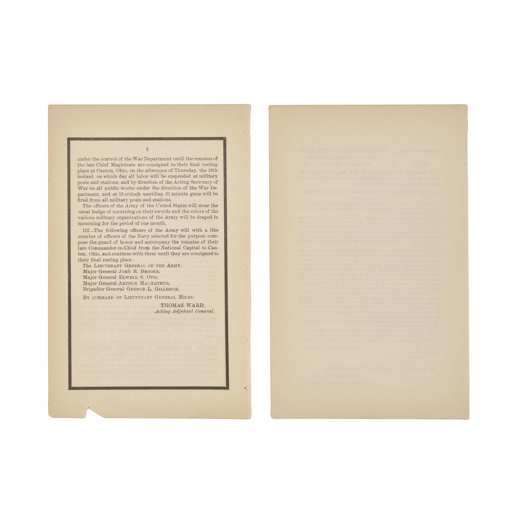 [McKinley, William] Pair of General Orders on the Death of President William McKinley