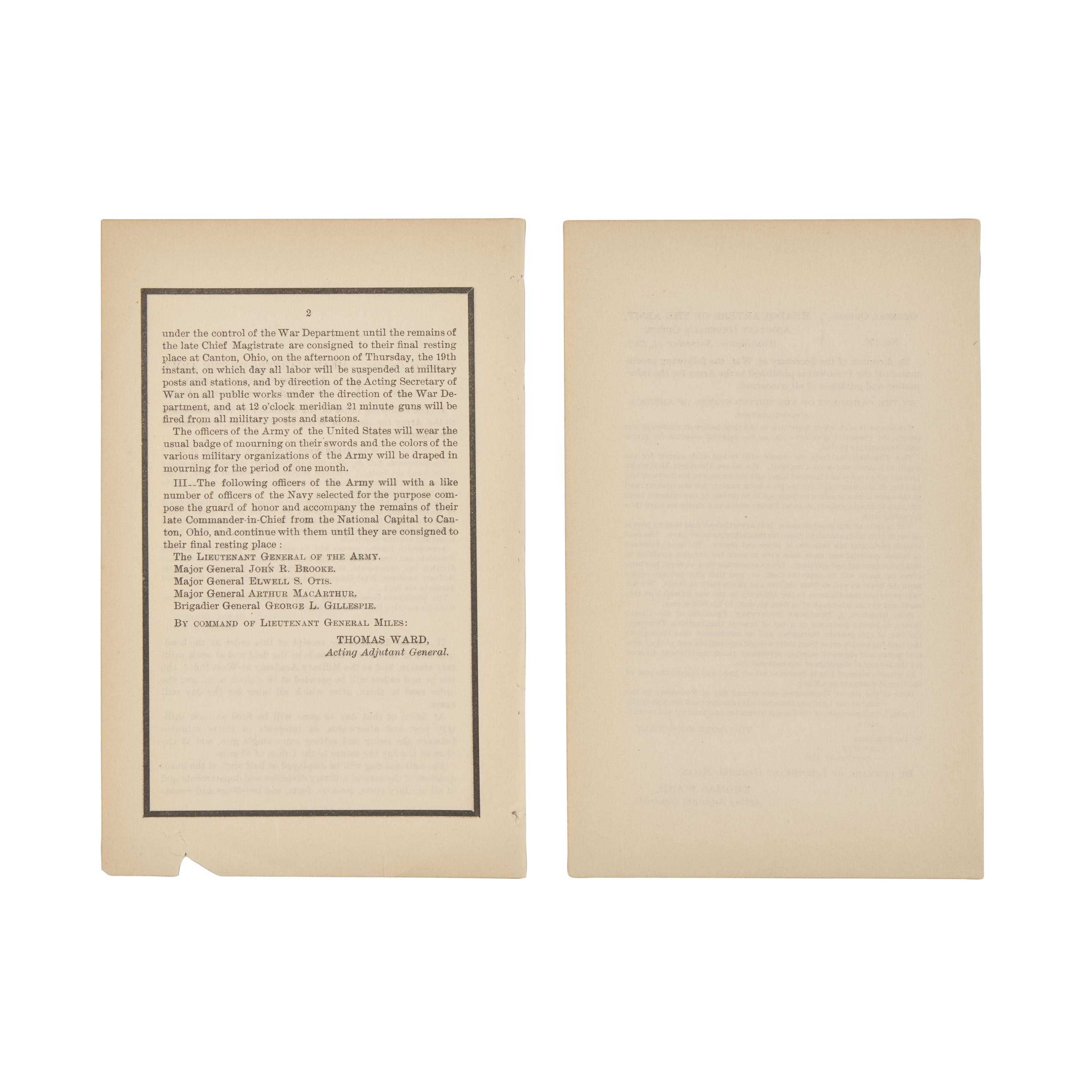 [McKinley, William] Pair of General Orders on the Death of President William McKinley