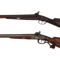 Lot of 2 Belgian Percussion SxS Shotguns Including: Gold Inlaid Franz Baader Shotgun