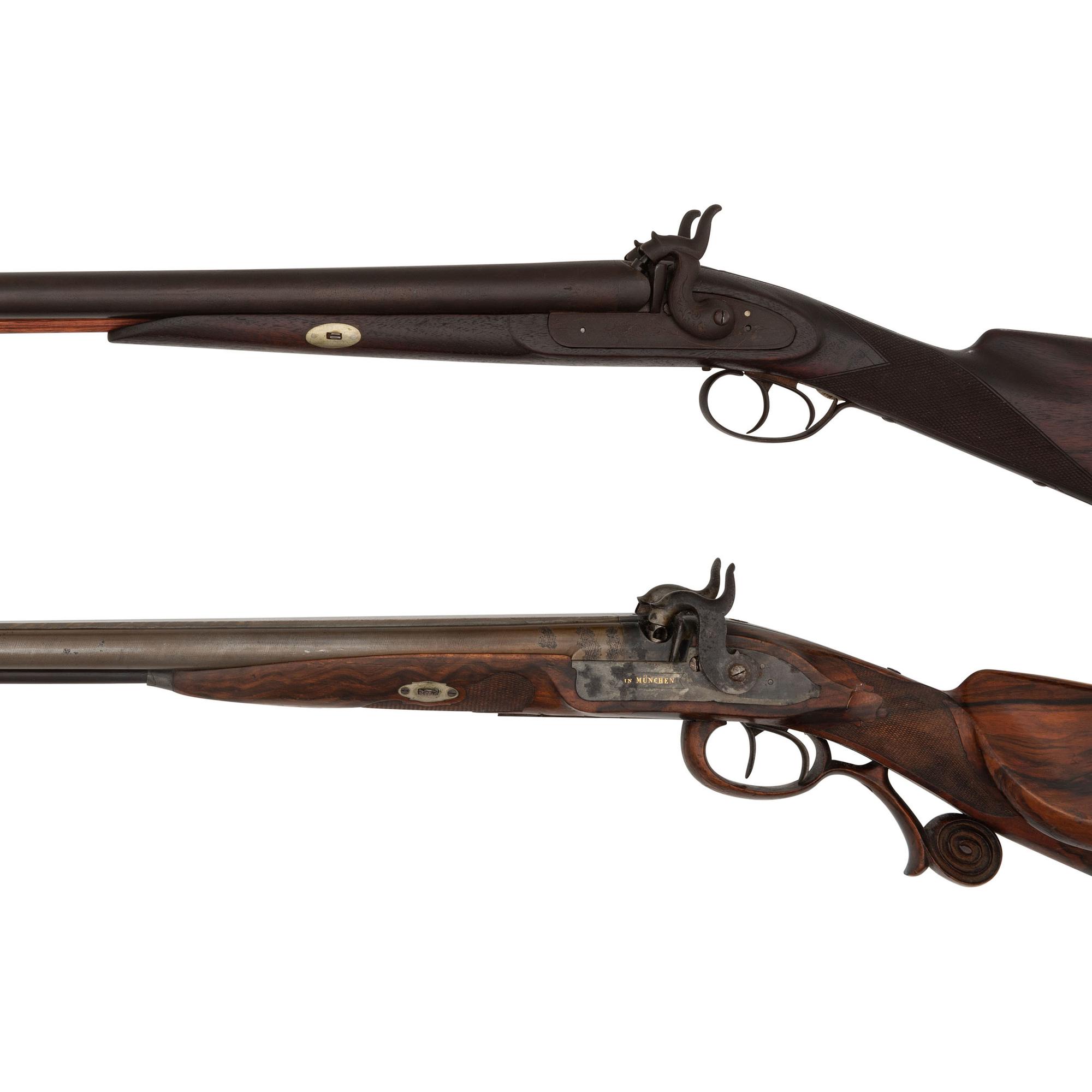 Lot of 2 Belgian Percussion SxS Shotguns Including: Gold Inlaid Franz Baader Shotgun
