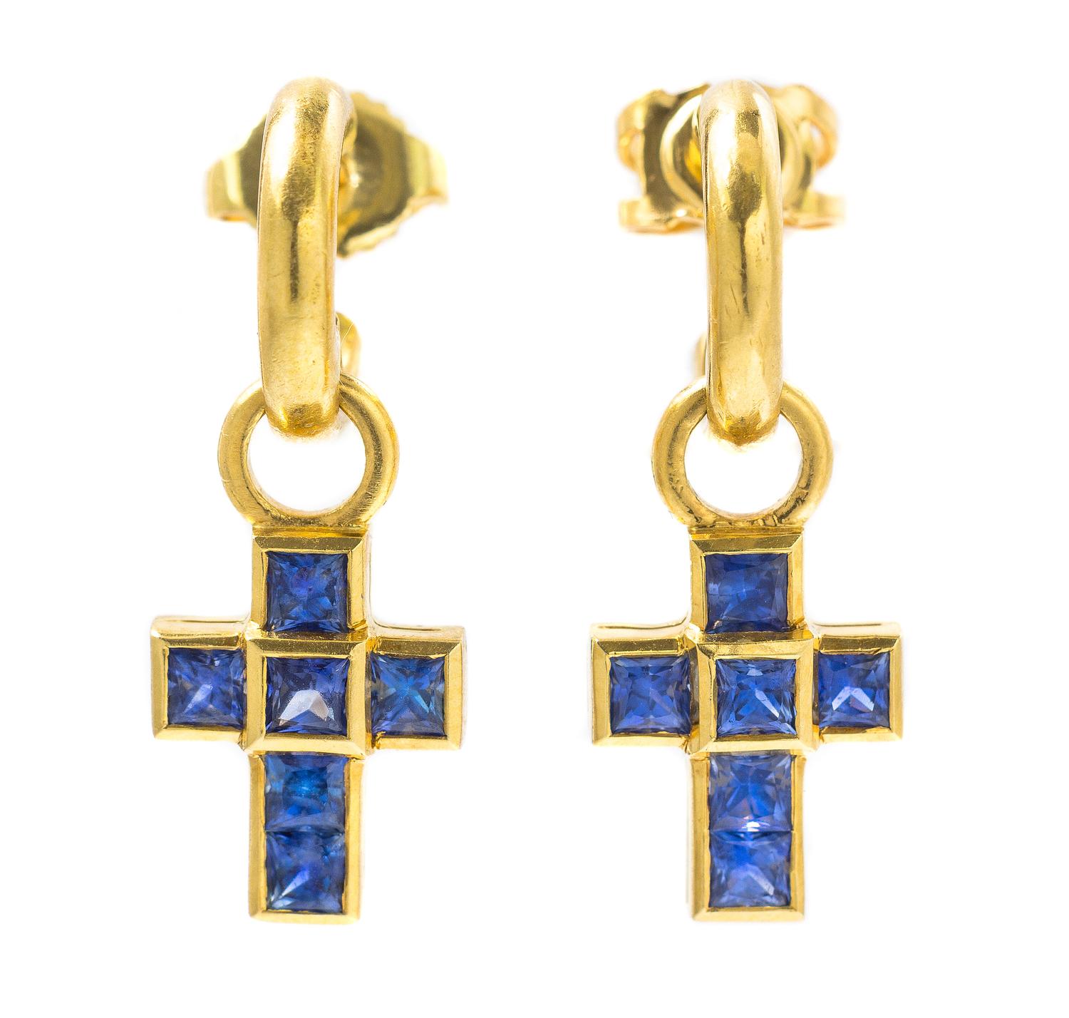 A Pair of Yellow Gold and Sapphire Earrings, Theo Fennell, 4.25 dwts.