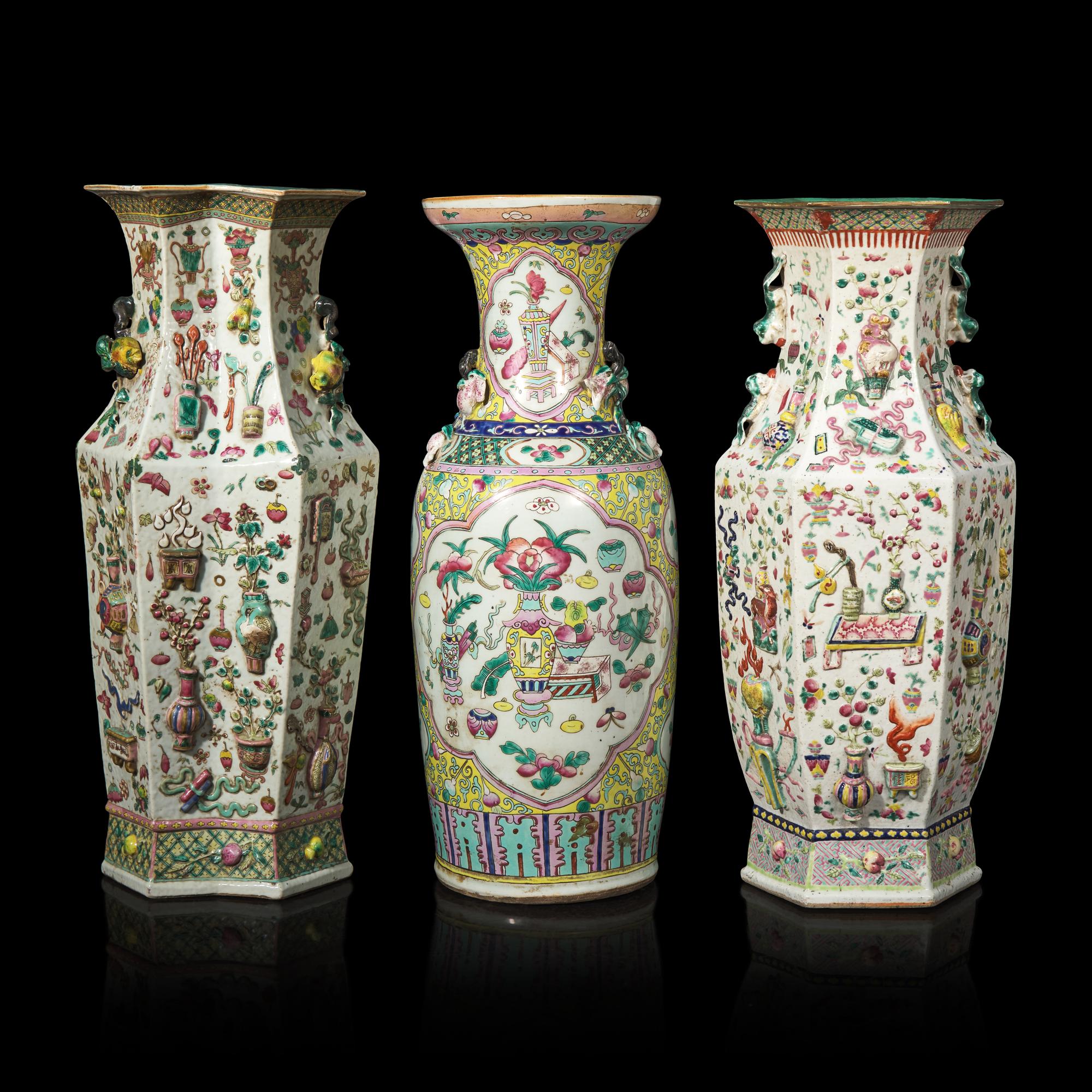 Three Chinese Famille Rose Porcelain 'Bogu' Vases, Late 19th-20th Century — 晚清-民國 粉彩博古圖賞瓶三件