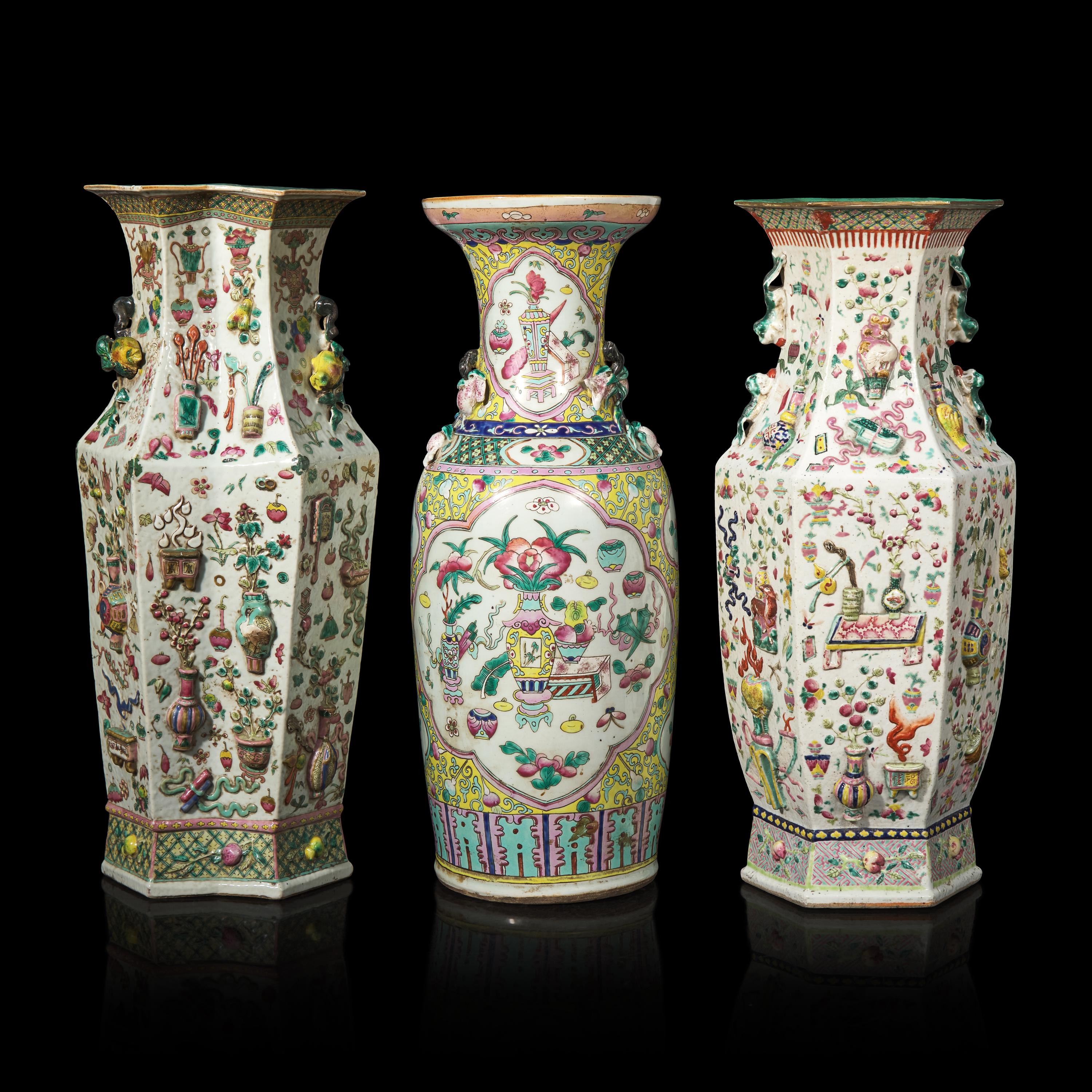 Three Chinese Famille Rose Porcelain 'Bogu' Vases, Late 19th-20th Century — 晚清-民國 粉彩博古圖賞瓶三件