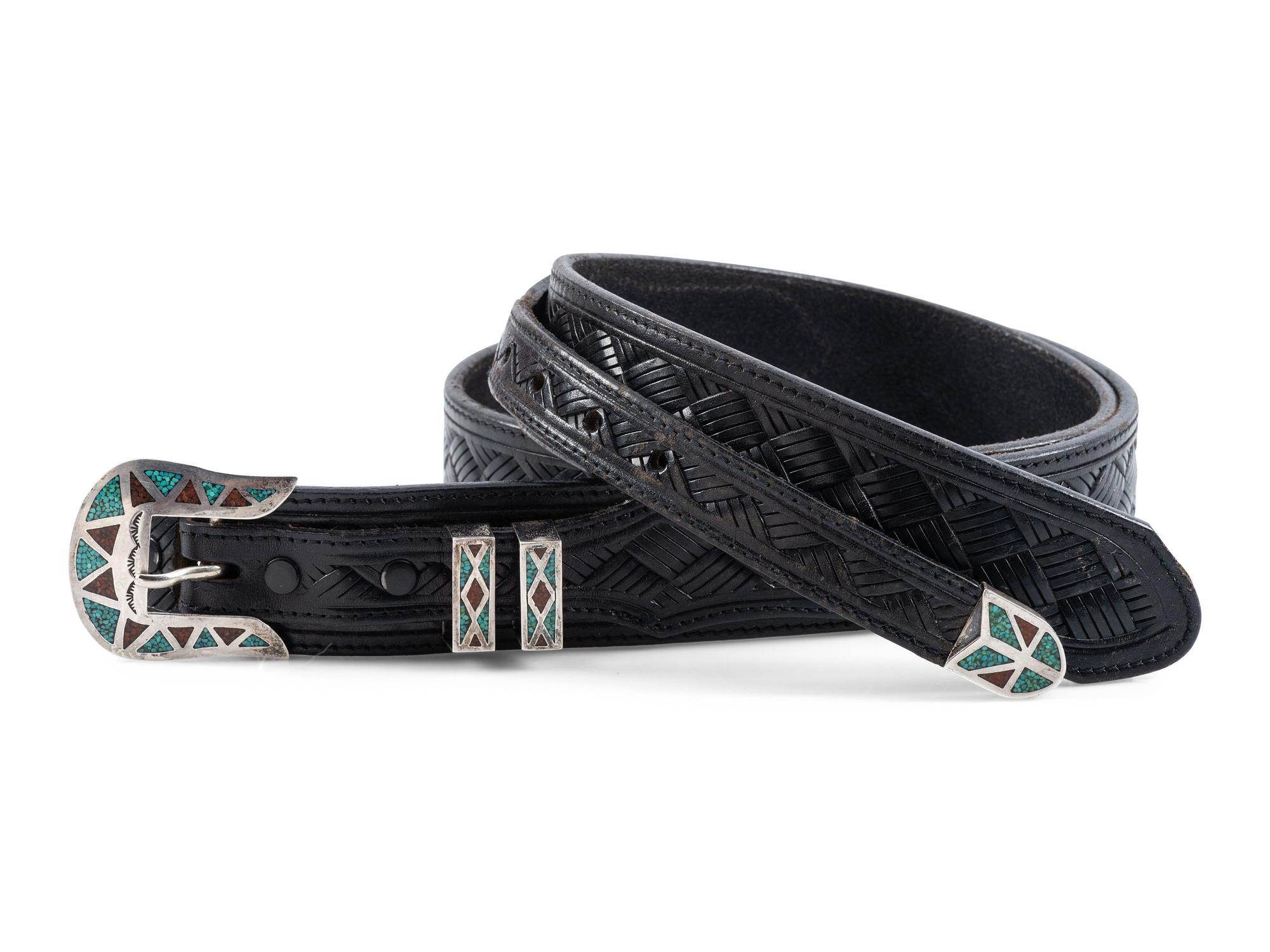 Navajo Silver Ranger Set, with Turquoise and Coral Chip Inlay