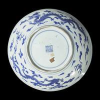 A Massive Chinese Blue and White Porcelain 'Dragon' Charger, Late 19th Century 清晚期 青花雙龍戲珠紋大盤
