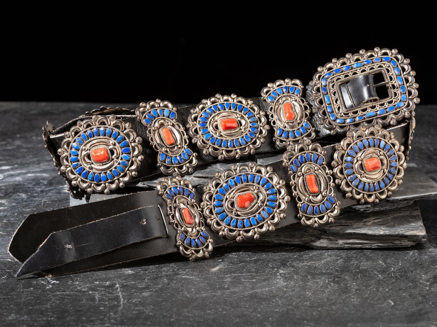 Navajo Coral and Lapis Cluster Concha Belt
