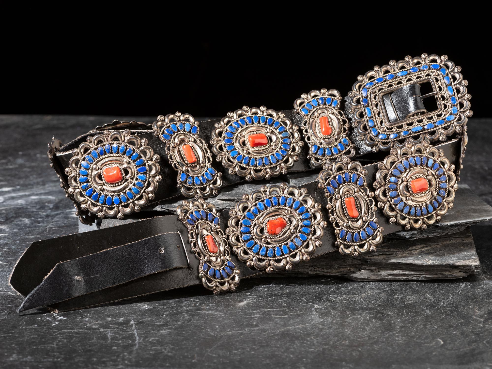 Navajo Coral and Lapis Cluster Concha Belt