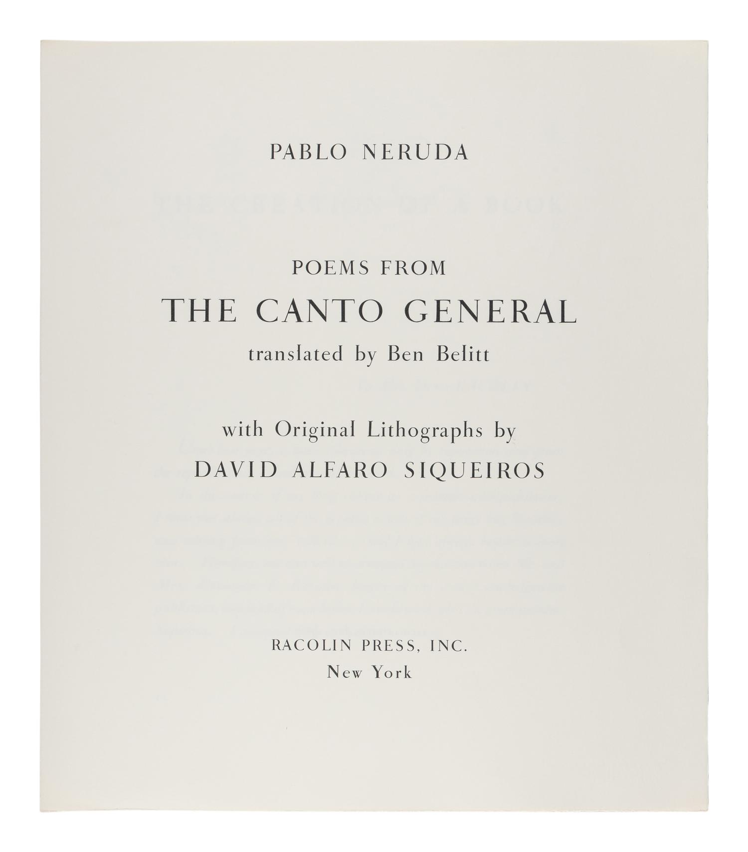 SIQUEIROS, David Alfaro Siqueiros (Mexican, 1896-1974), lllustrator, and Pablo NERUDA (Chilean, 1904-1973). Poems From the Canto General . New York: Racolin Press, 1968.