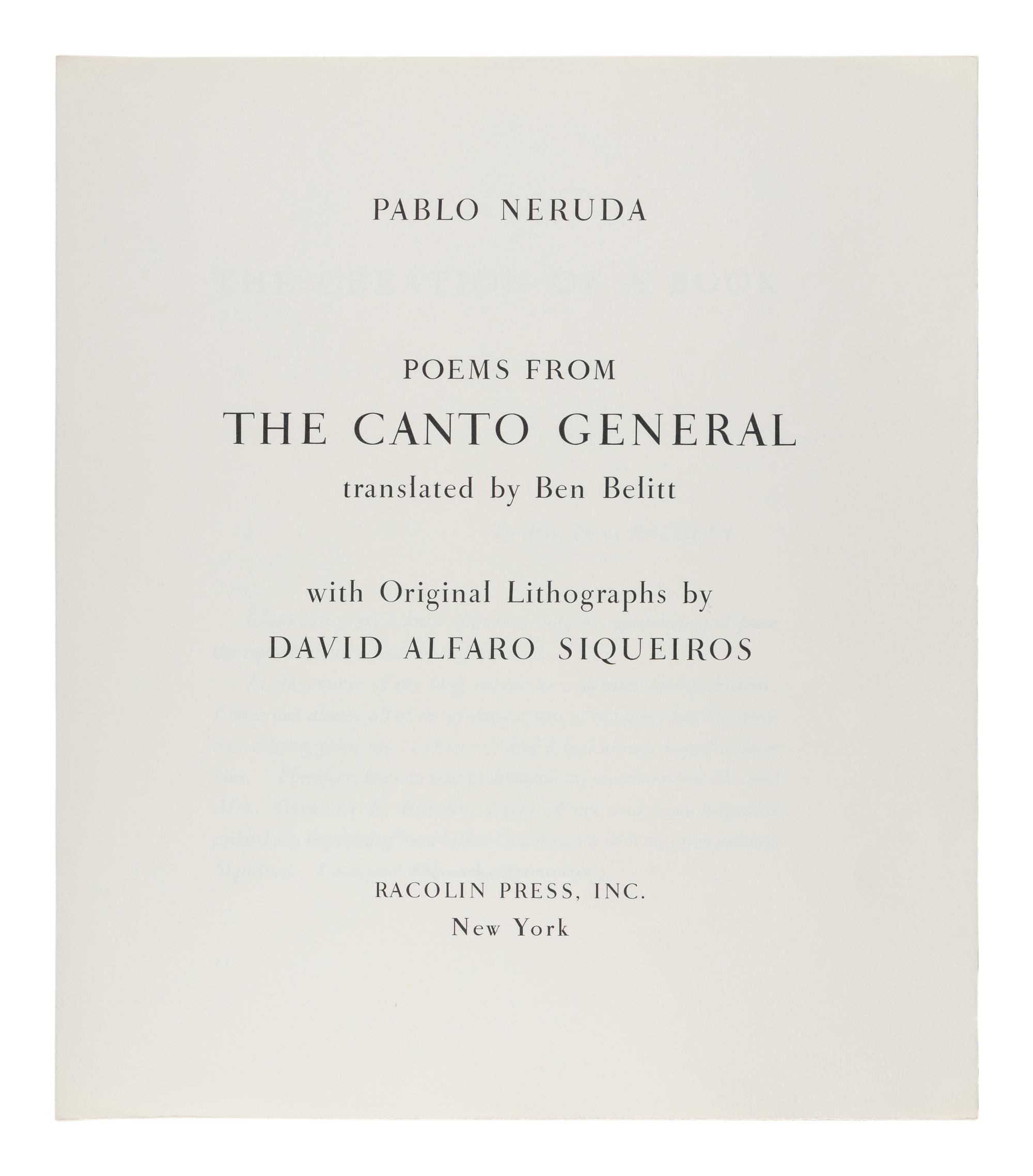 SIQUEIROS, David Alfaro Siqueiros (Mexican, 1896-1974), lllustrator, and Pablo NERUDA (Chilean, 1904-1973). Poems From the Canto General . New York: Racolin Press, 1968.