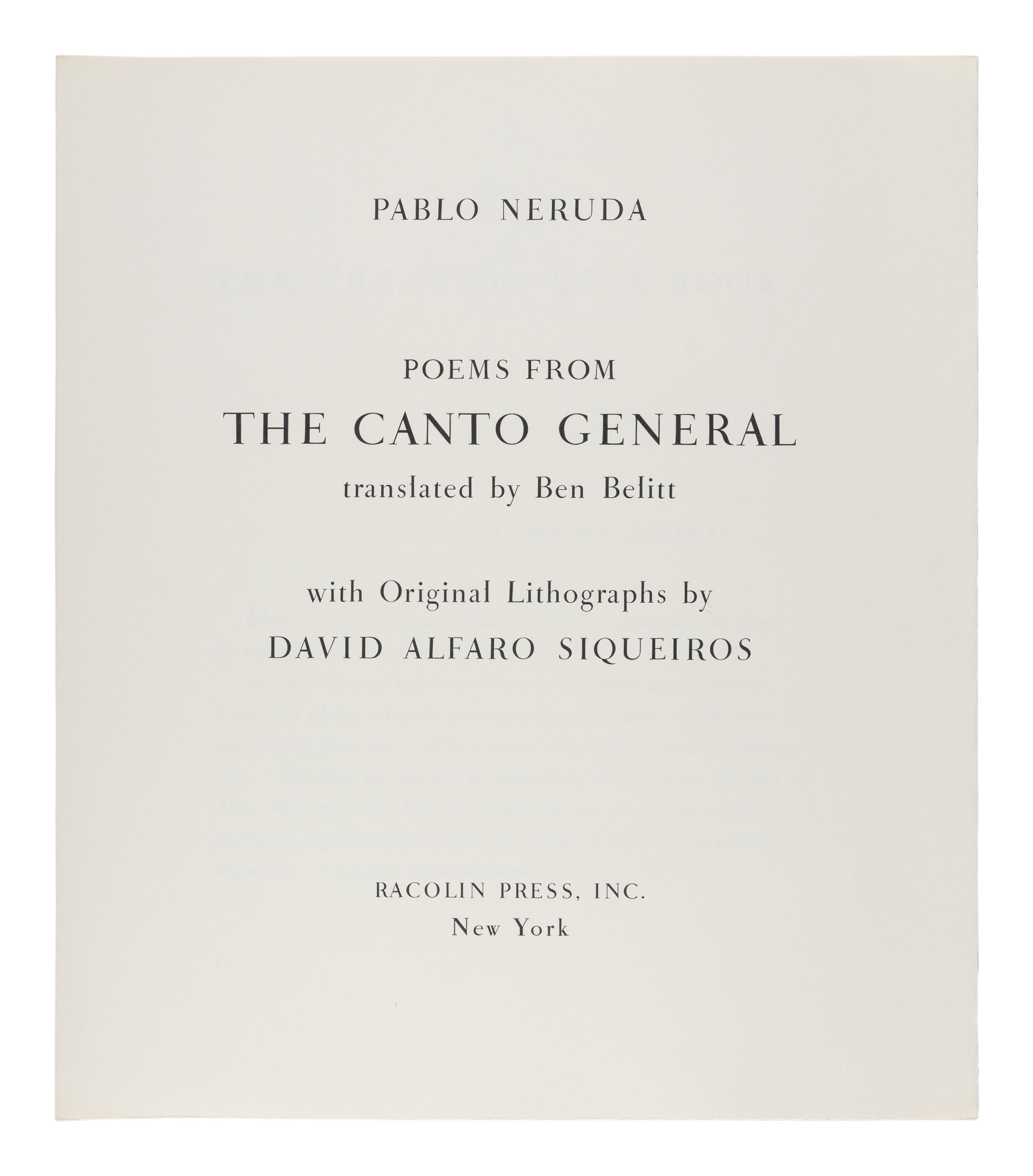 SIQUEIROS, David Alfaro Siqueiros (Mexican, 1896-1974), lllustrator, and Pablo NERUDA (Chilean, 1904-1973). Poems From the Canto General . New York: Racolin Press, 1968.
