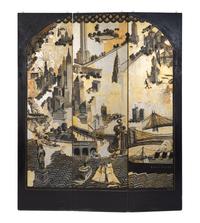 An Art Deco Black and Gilt Painted Three-Panel Screen Depicting New York City — PAINTED BY E.J. BABCOCK, 1920-1930