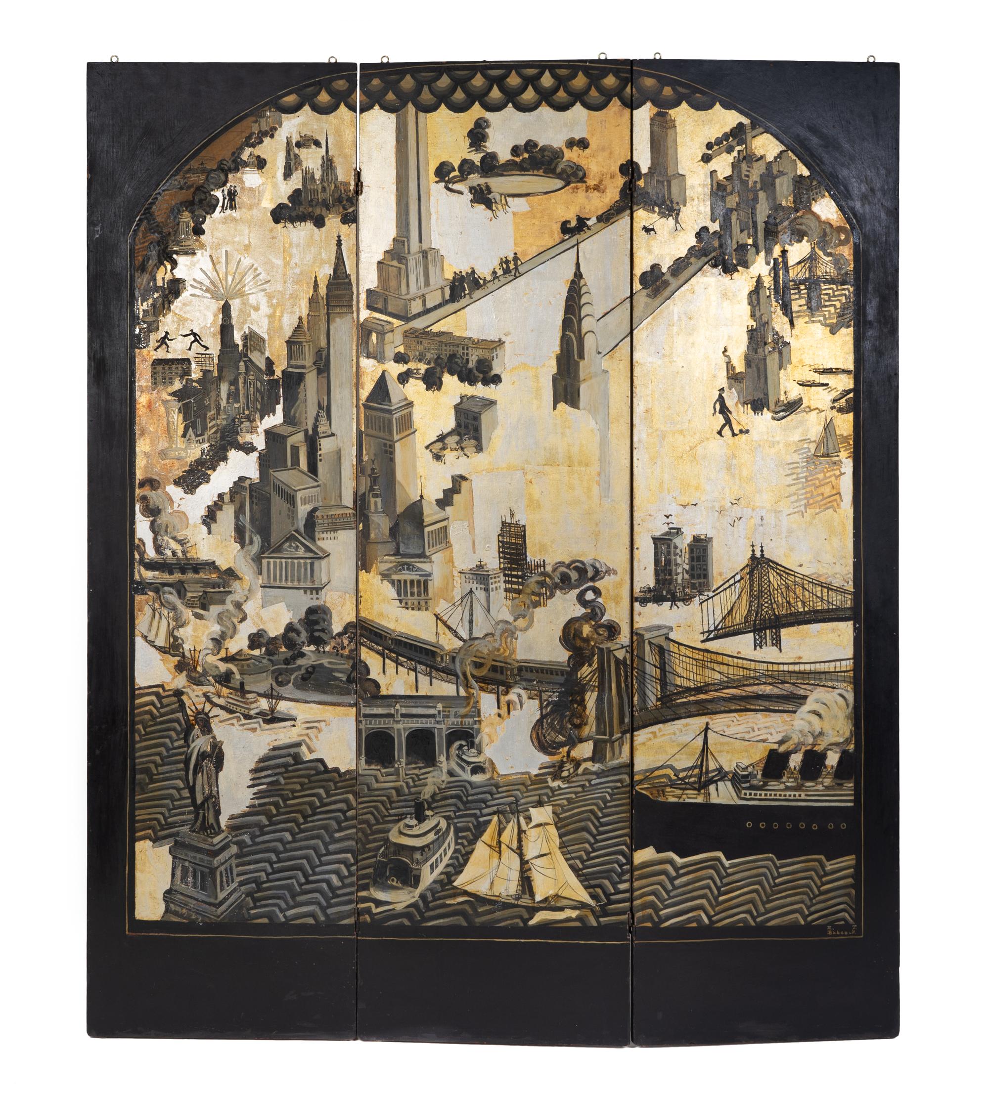 An Art Deco Black and Gilt Painted Three-Panel Screen Depicting New York City — PAINTED BY E.J. BABCOCK, 1920-1930