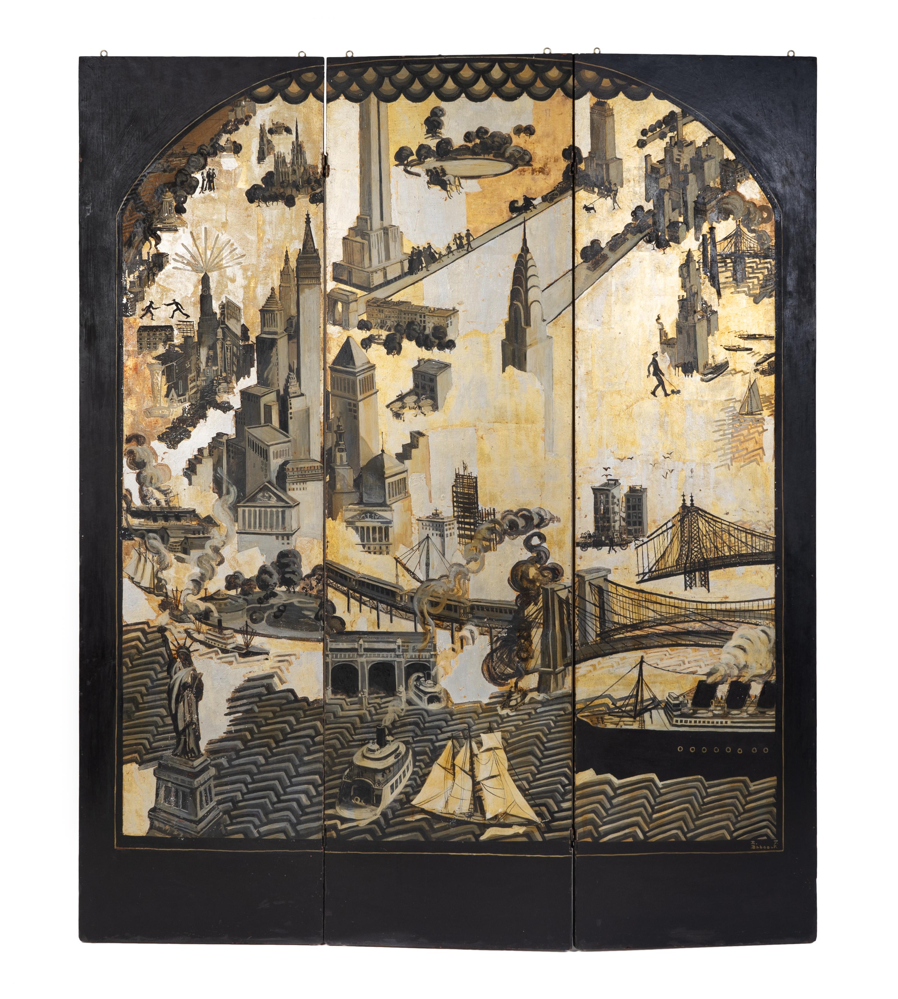 An Art Deco Black and Gilt Painted Three-Panel Screen Depicting New York City — PAINTED BY E.J. BABCOCK, 1920-1930