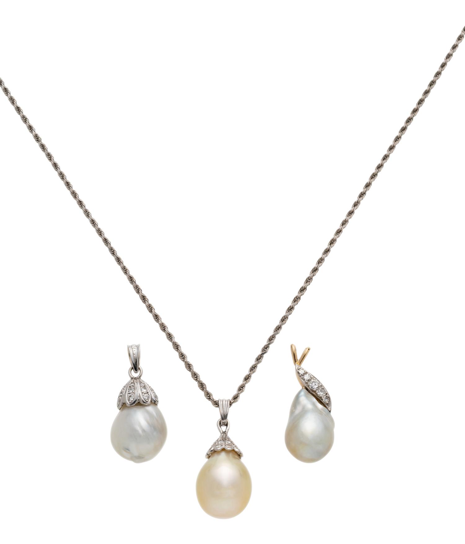 COLLECTION OF CULTURED PEARL AND DIAMOND PENDANTS AND CHAIN