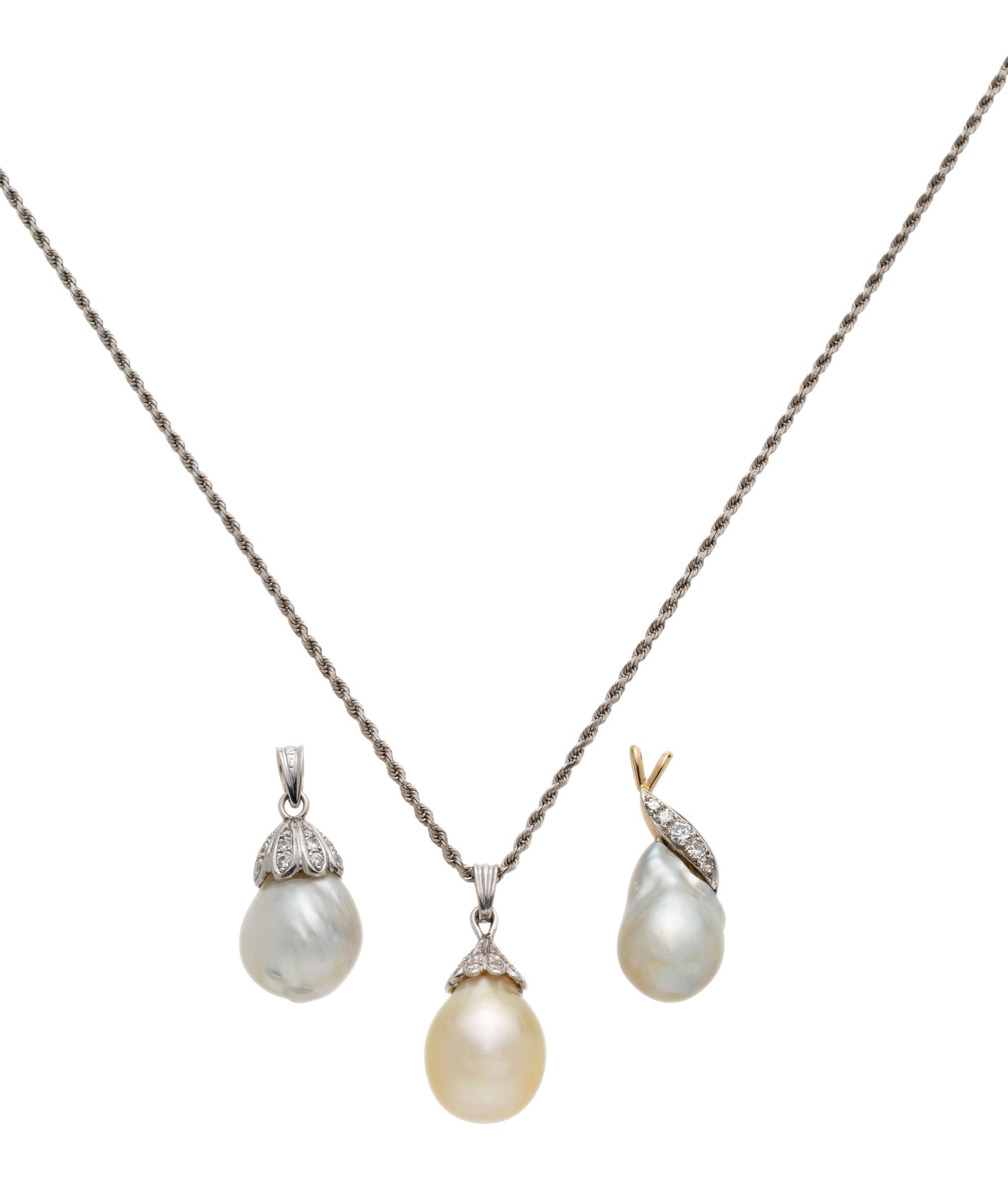 COLLECTION OF CULTURED PEARL AND DIAMOND PENDANTS AND CHAIN