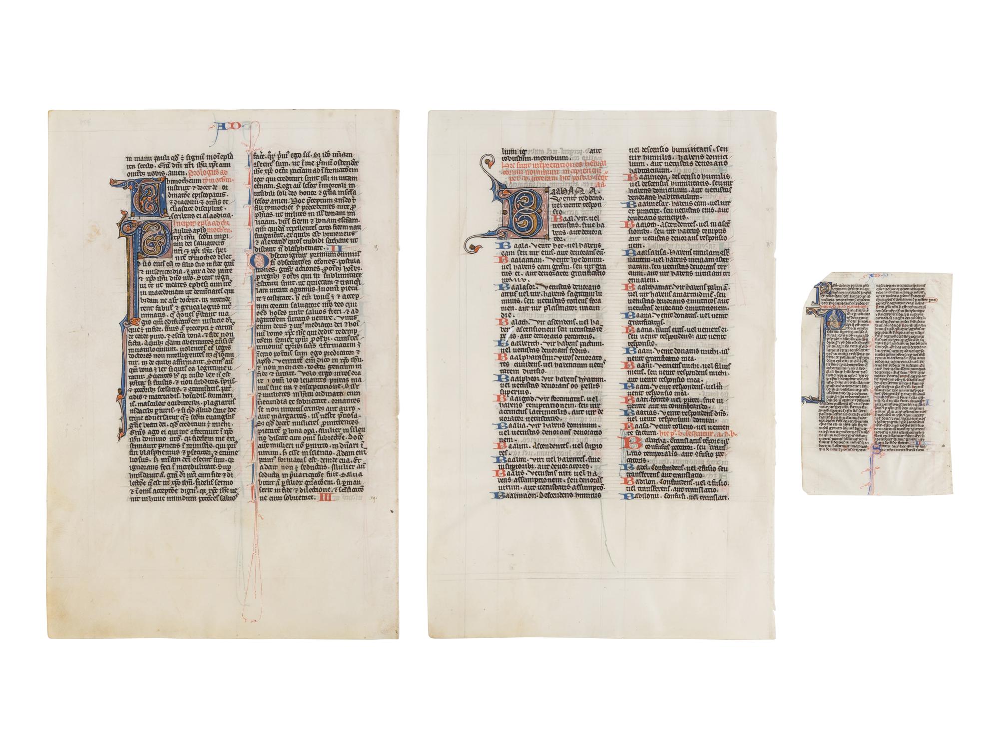 JOHANNES GRUSCH ATELIER (active Paris, c. 1235–1270) Two decorated leaves from the “Josephinum” Bible and one historiated leaf from a related Parisian pocket Bible, with an initial of Saint Paul, in Latin, illuminated manuscript on parchment [France, Paris, c. 1250]