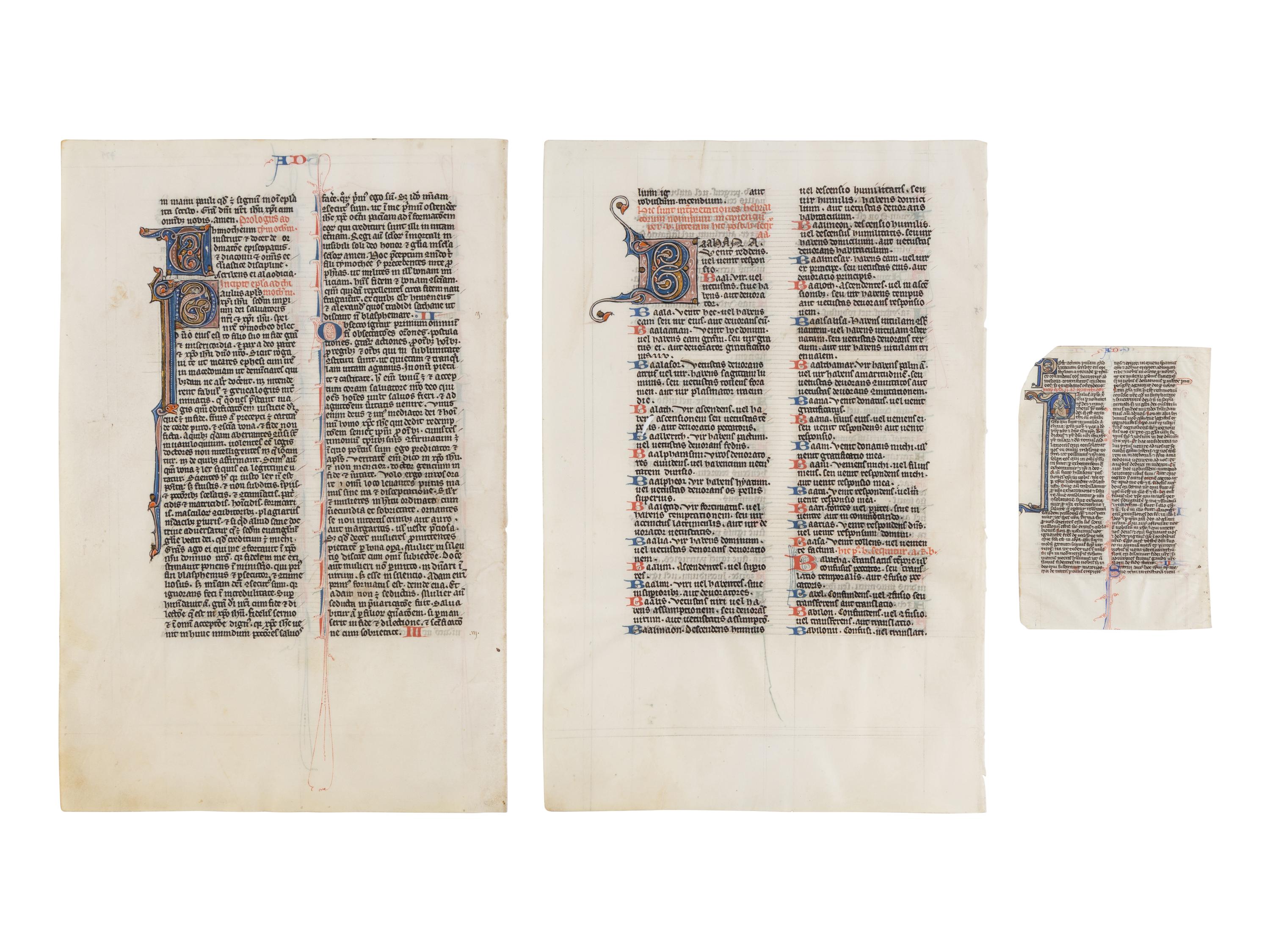 JOHANNES GRUSCH ATELIER (active Paris, c. 1235–1270) Two decorated leaves from the “Josephinum” Bible and one historiated leaf from a related Parisian pocket Bible, with an initial of Saint Paul, in Latin, illuminated manuscript on parchment [France, Paris, c. 1250]