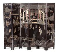 A Chinese Coromandel Lacquer Six-Panel Floor Screen Each panel height 71 1/2 x 15 3/4 inches. — 19TH CENTURY