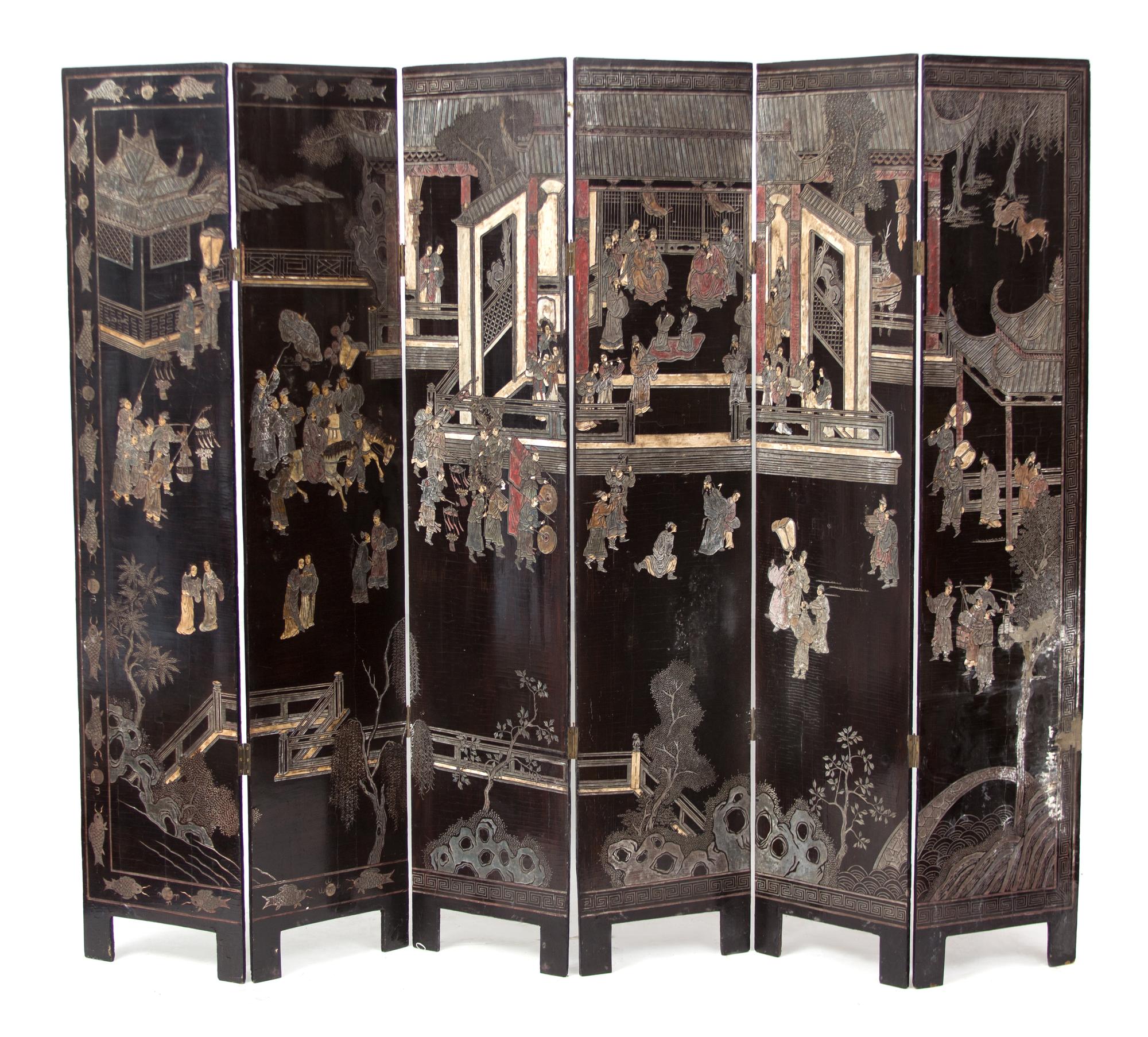 A Chinese Coromandel Lacquer Six-Panel Floor Screen Each panel height 71 1/2 x 15 3/4 inches. — 19TH CENTURY