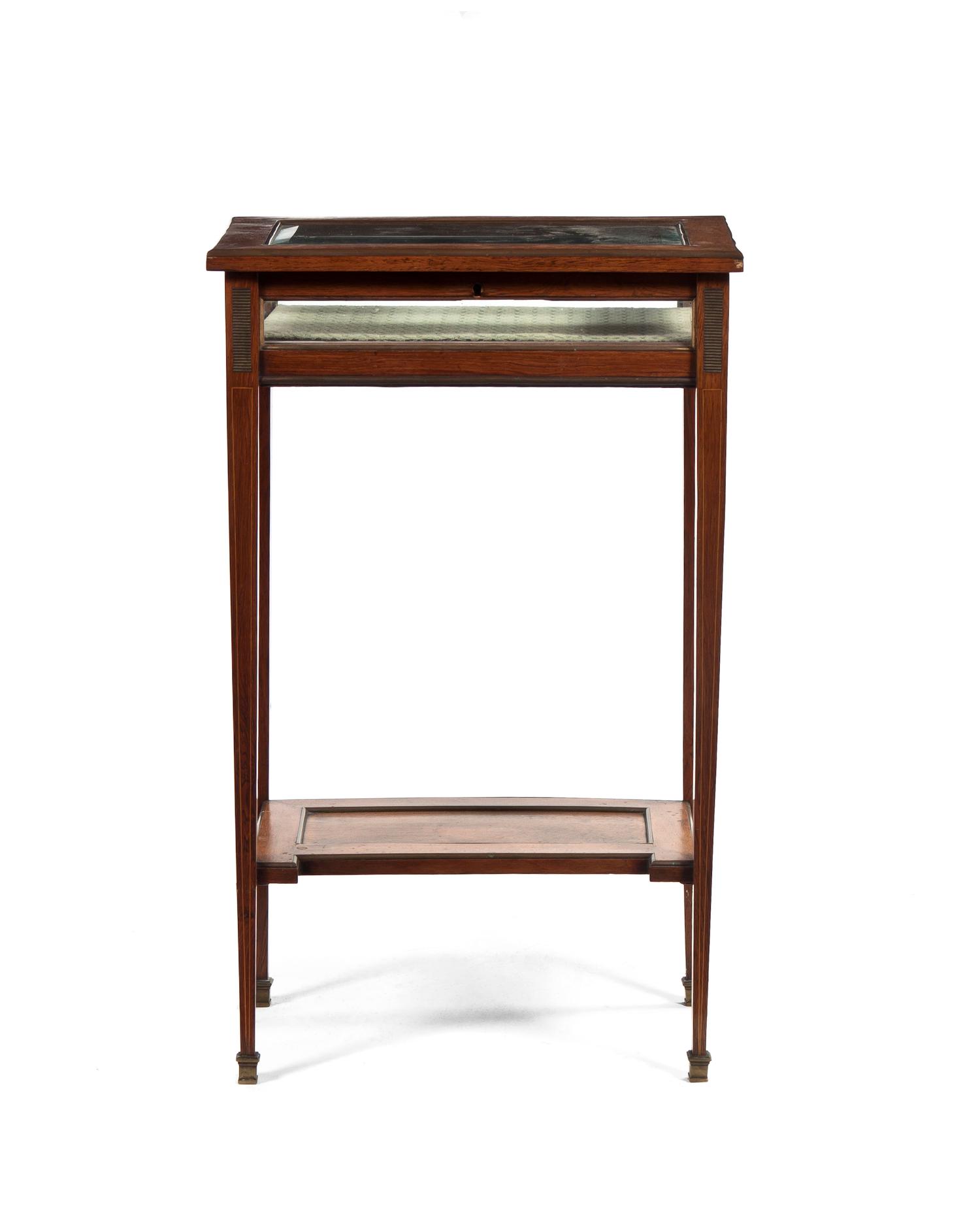 A Continental Hardwood Vitrine Table, Height 28 1/2 x width 17 3/4 x depth 11 7/8 inches.