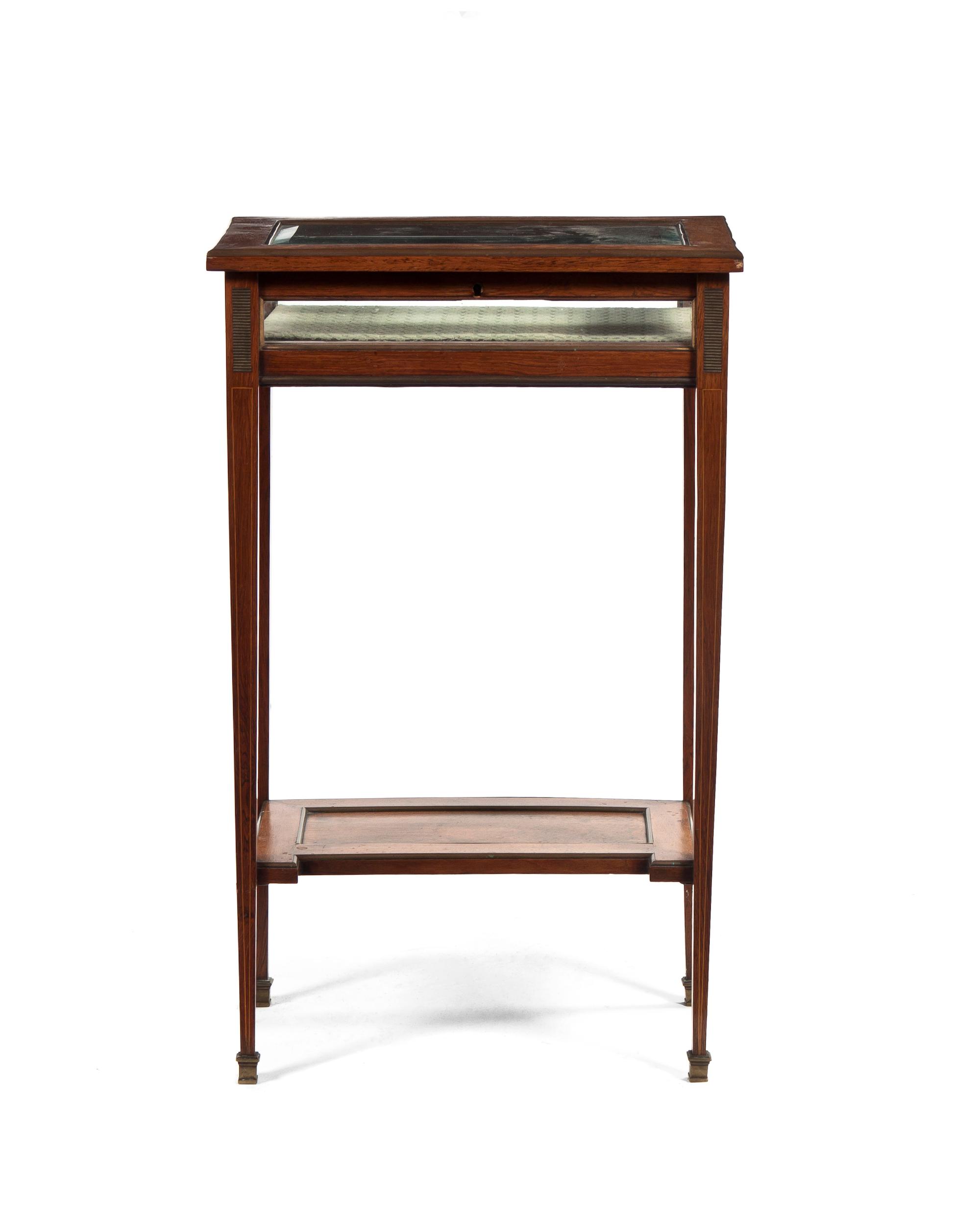 A Continental Hardwood Vitrine Table, Height 28 1/2 x width 17 3/4 x depth 11 7/8 inches.