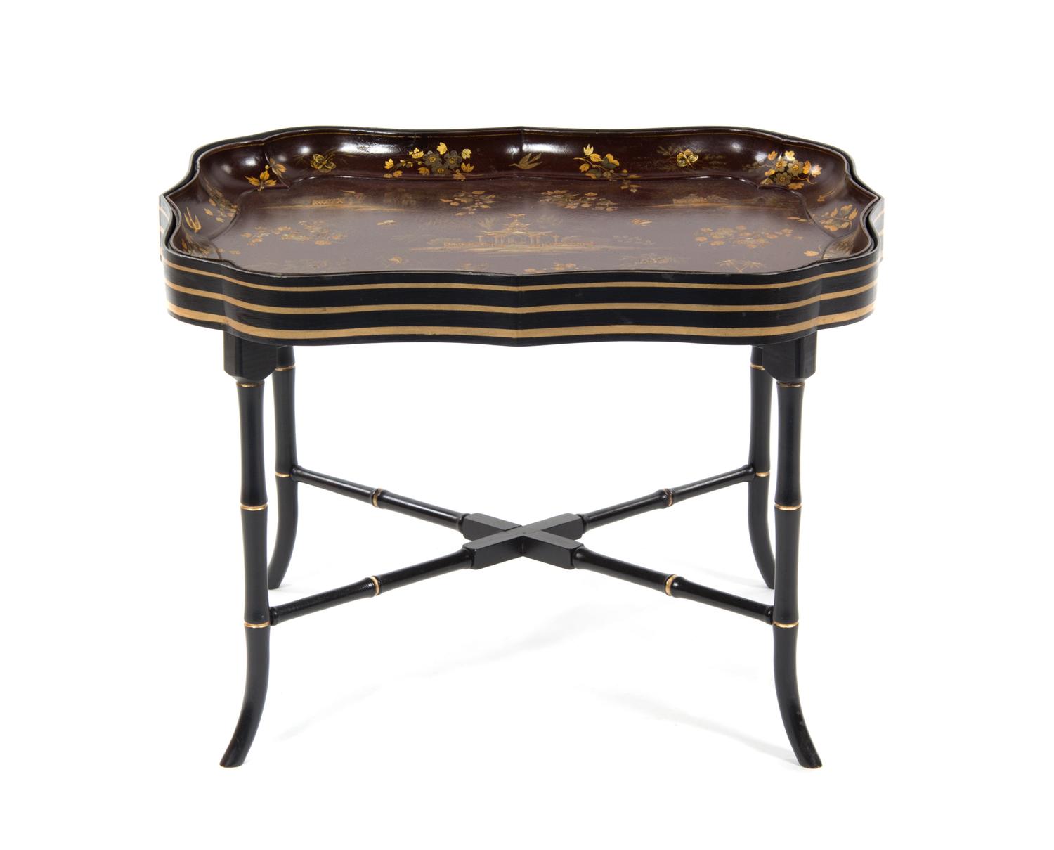 A Victorian Chinoiserie Papier Mache Tray Table, 19TH CENTURY AND LATER, Height 22 x width 31 x depth 23 1/2 inches. — 19TH CENTURY AND LATER,