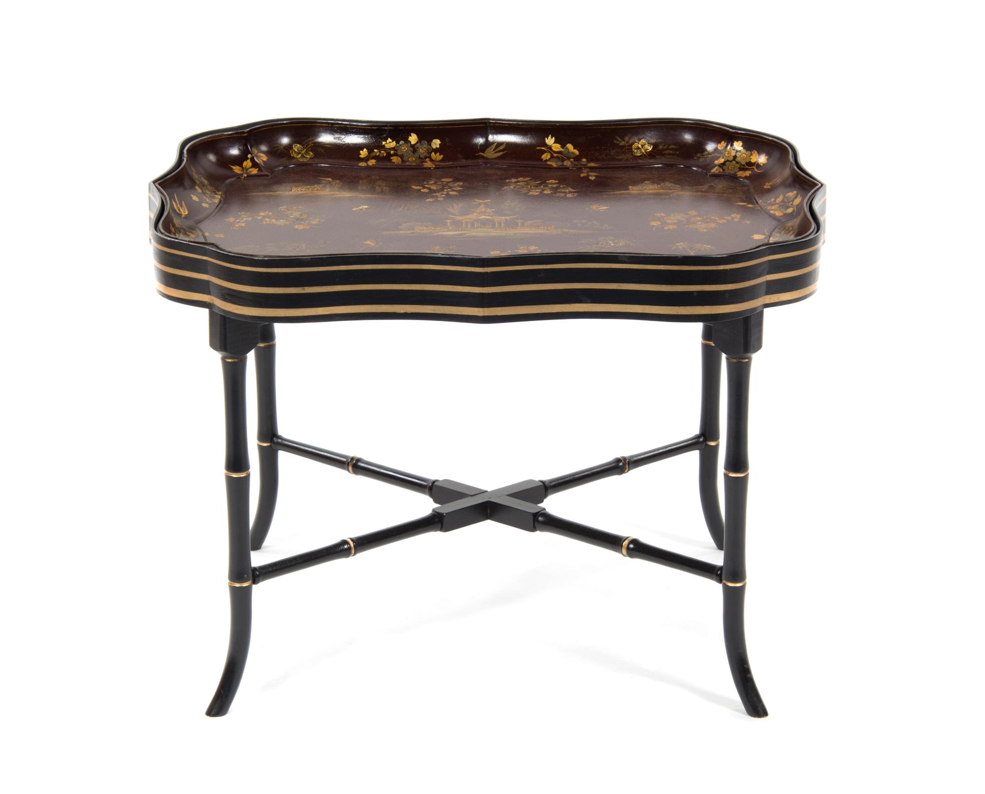 A Victorian Chinoiserie Papier Mache Tray Table, 19TH CENTURY AND LATER, Height 22 x width 31 x depth 23 1/2 inches. — 19TH CENTURY AND LATER,