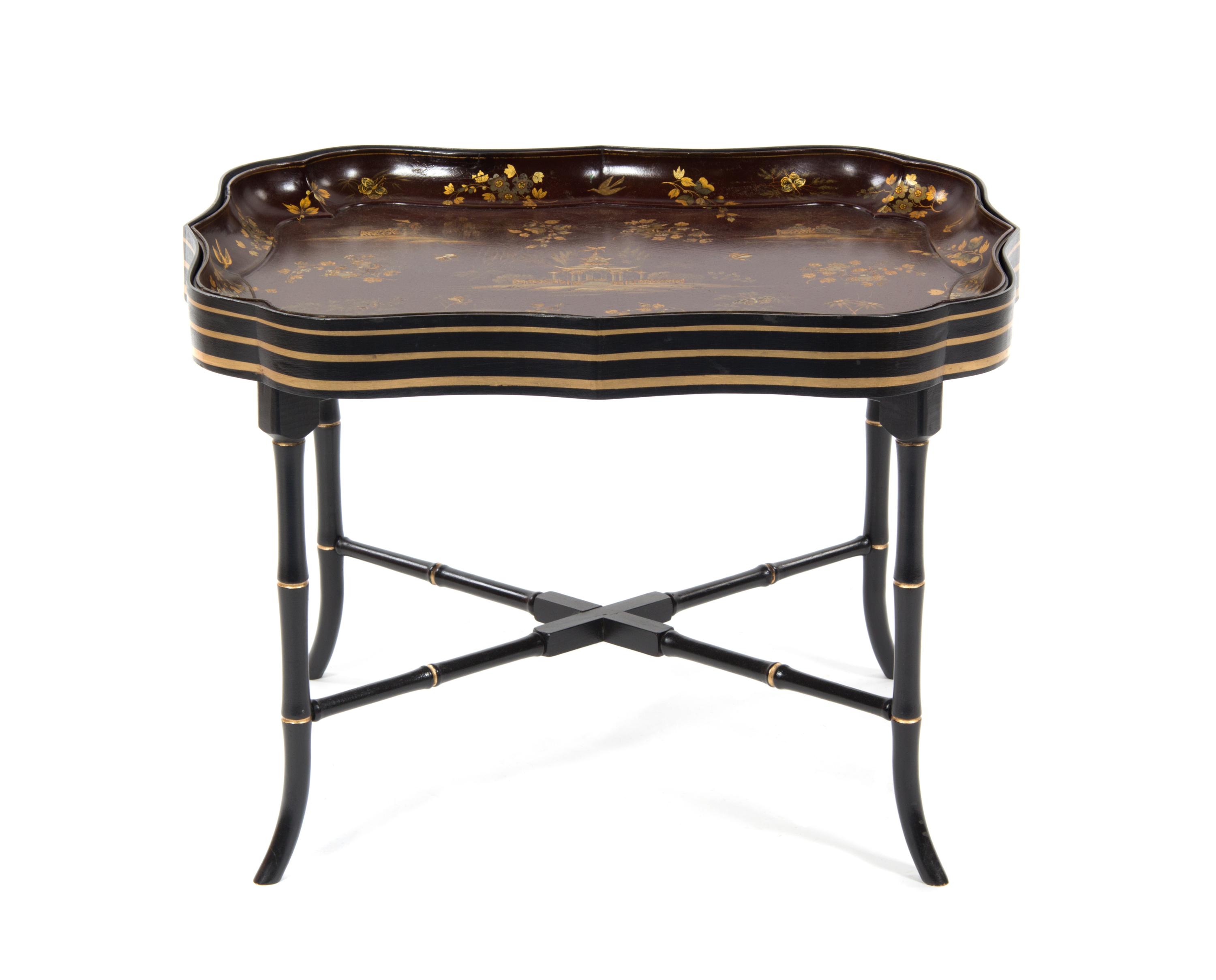 A Victorian Chinoiserie Papier Mache Tray Table, 19TH CENTURY AND LATER, Height 22 x width 31 x depth 23 1/2 inches. — 19TH CENTURY AND LATER,