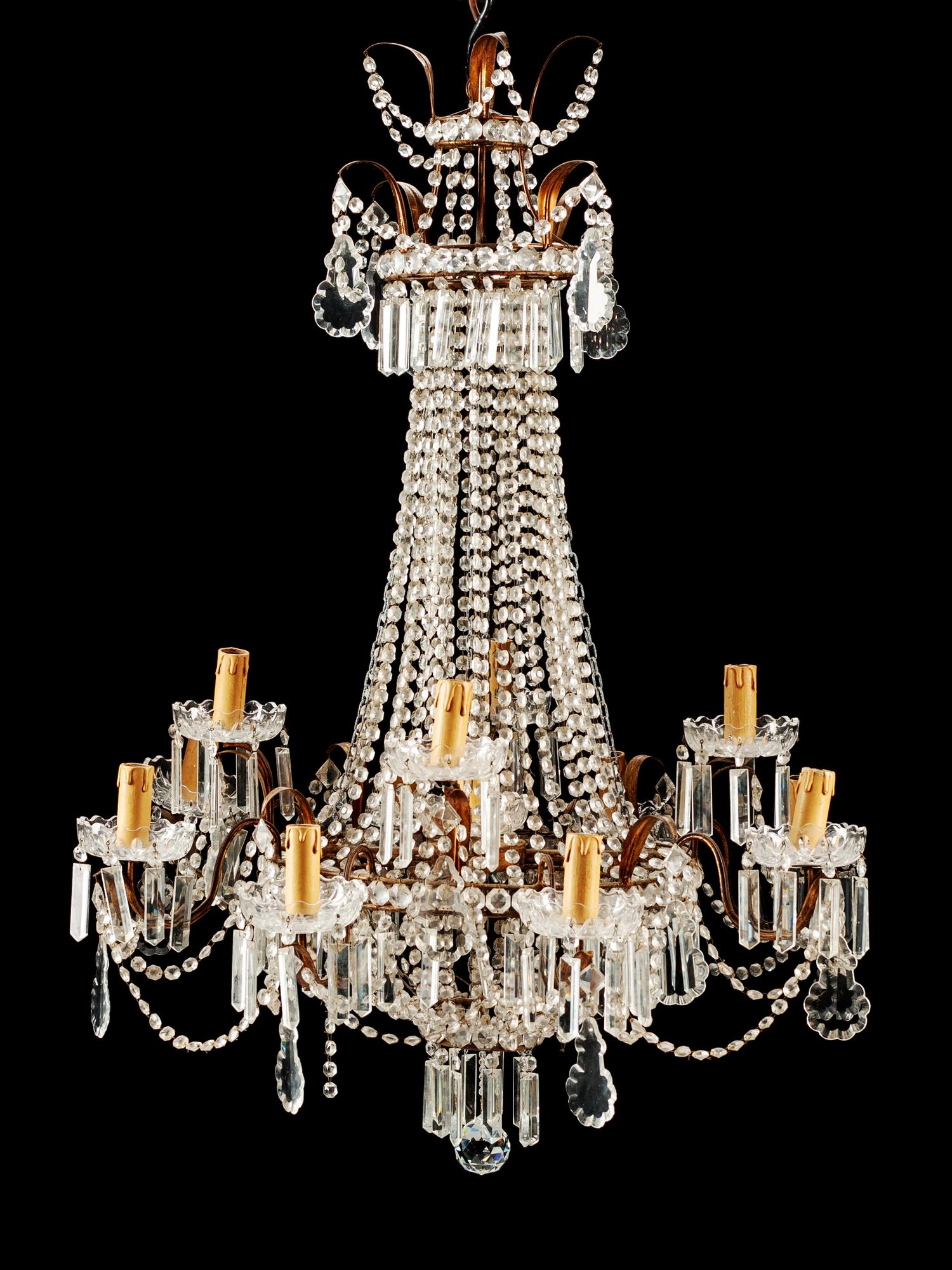An Italian Neoclassical Style Bronze, Tôle and Cut Glass Thirteen-Light Chandelier