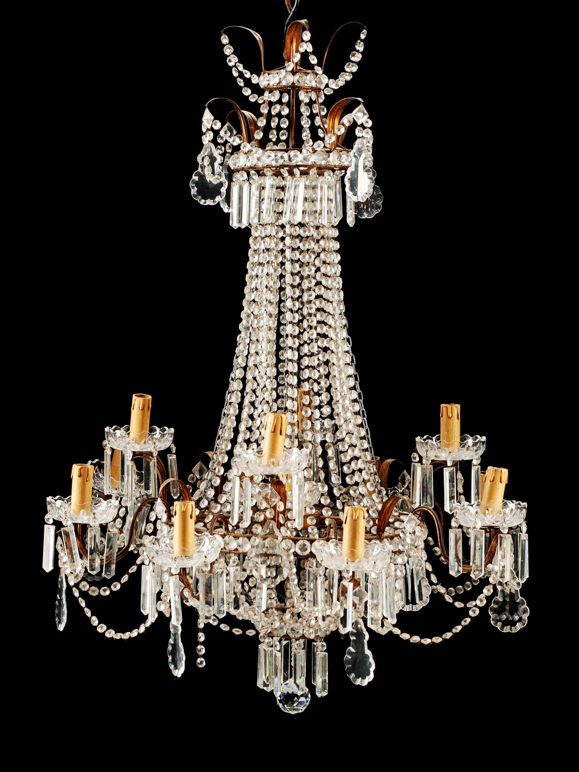 An Italian Neoclassical Style Bronze, Tôle and Cut Glass Thirteen-Light Chandelier