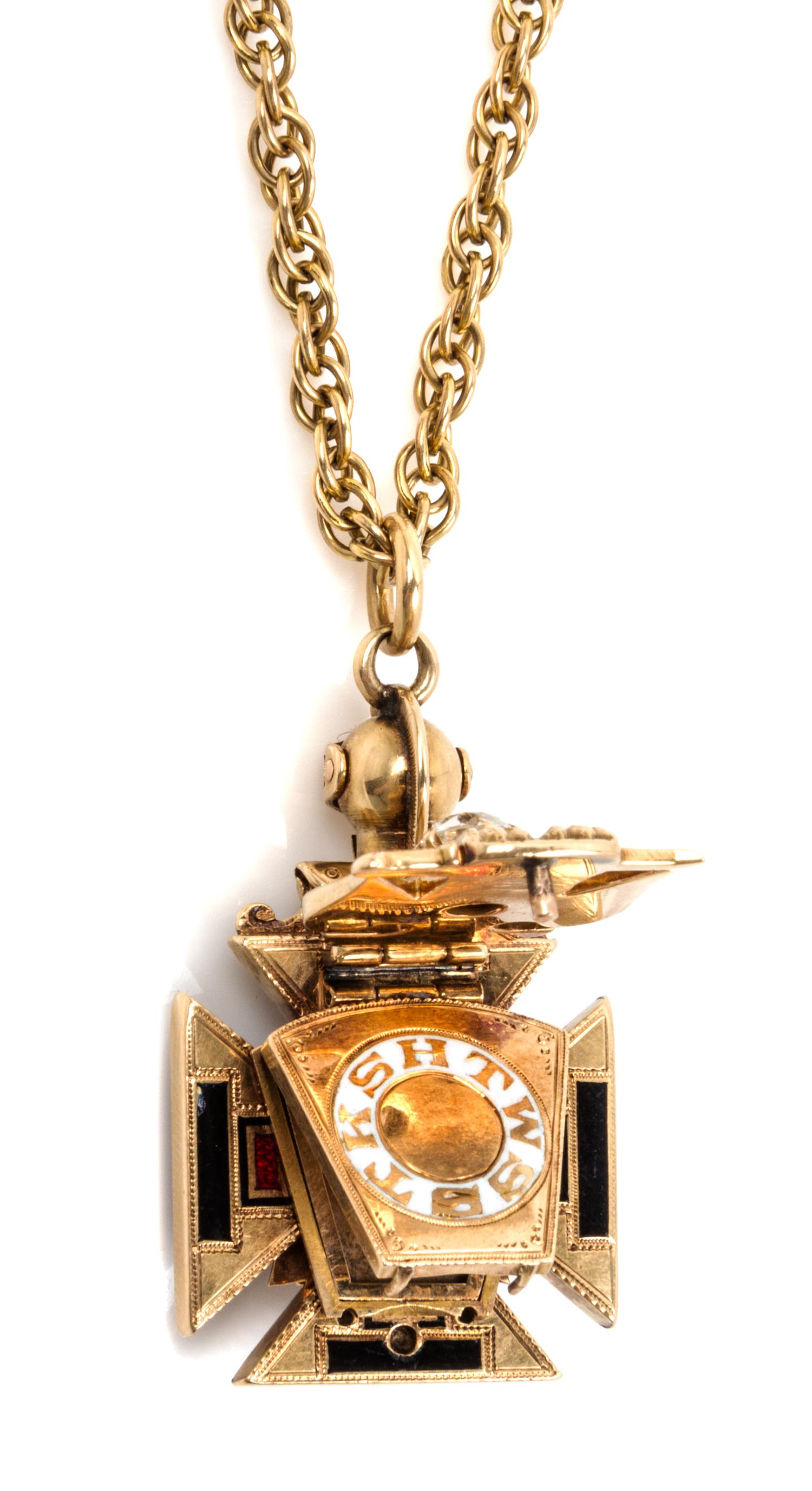 A Yellow Gold, Diamond, Garnet and Polychrome Enamel 32nd Degree Masonic Knights Templar Pendant 16.90 dwts.