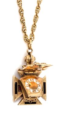A Yellow Gold, Diamond, Garnet and Polychrome Enamel 32nd Degree Masonic Knights Templar Pendant 16.90 dwts.